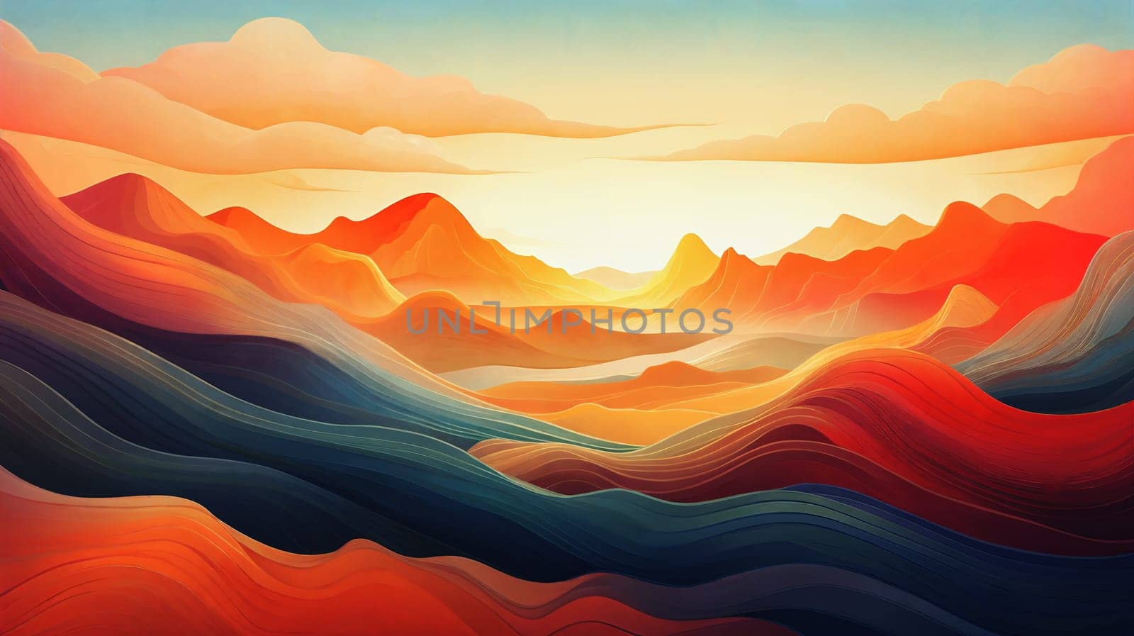 Sunset over the mountains, clouds on the foreground, panorama . AI Generative