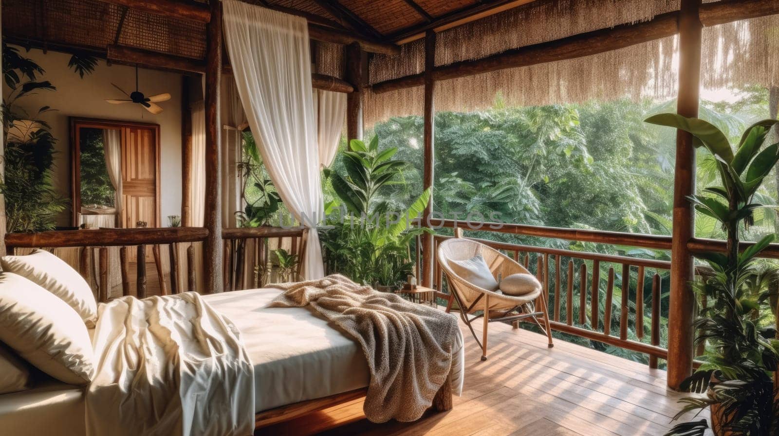 Resort bedroom in wooden style with balcony open to the natural view. Generative AI image AIG30.