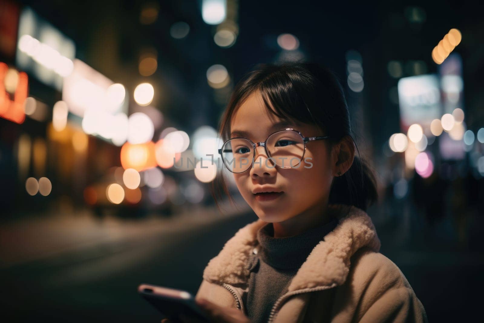 Wide angle shot of a young chinese japanese 10-year-old little girl trendy clothes using mobile phone with background of urban city street at night. Generative AI AIG18. by biancoblue