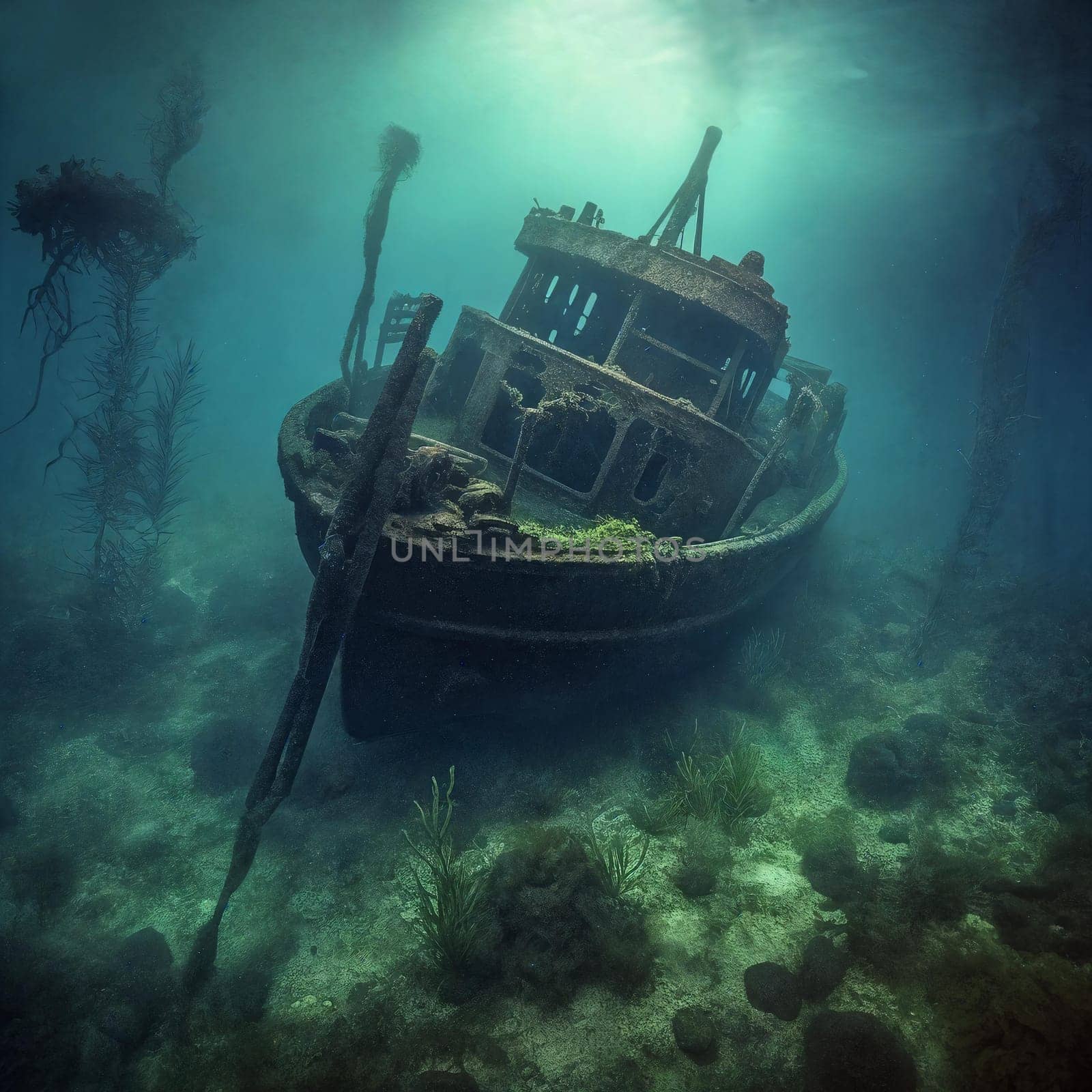 Shipwreck underwater close-up, sunlight through the water. Generative AI
