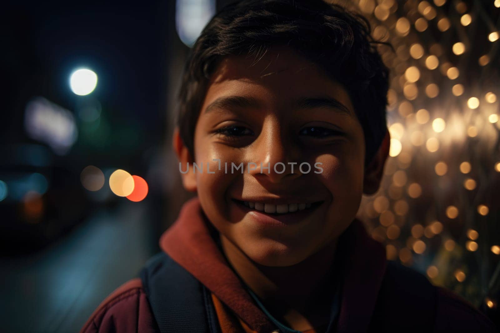 Low angle shot of a young mexican hispanic 10-year-old little boy trendy clothes using mobile phone with background of urban city street at night. Generative AI AIG18.
