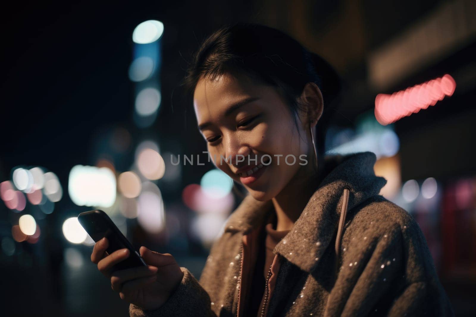 Low angle shot of a young african-american woman trendy clothes using mobile phone with background of urban city street at night. Generative AI AIG18. by biancoblue
