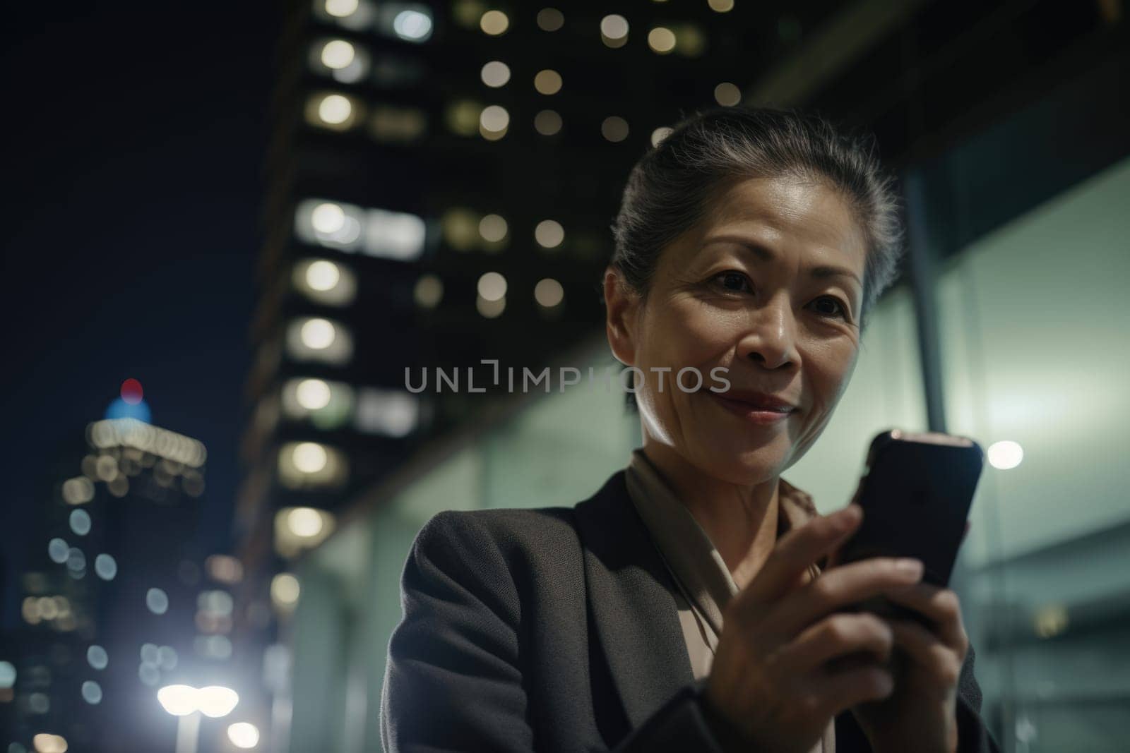 a senior chinese japanese businesswoman executive using mobile phone with background of modern office buildings at night Generative AI AIG18. by biancoblue