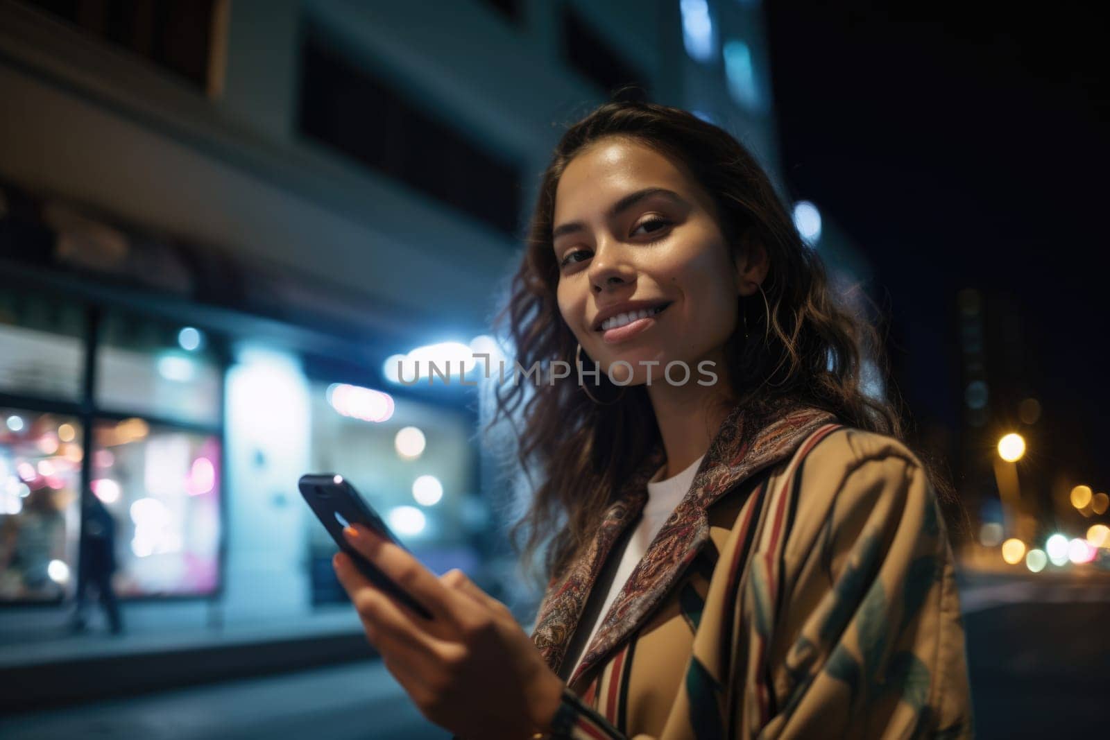 Wide angle shot of a young mexican hispanic woman trendy clothes using mobile phone with background of urban city street at night. Generative AI AIG18. by biancoblue