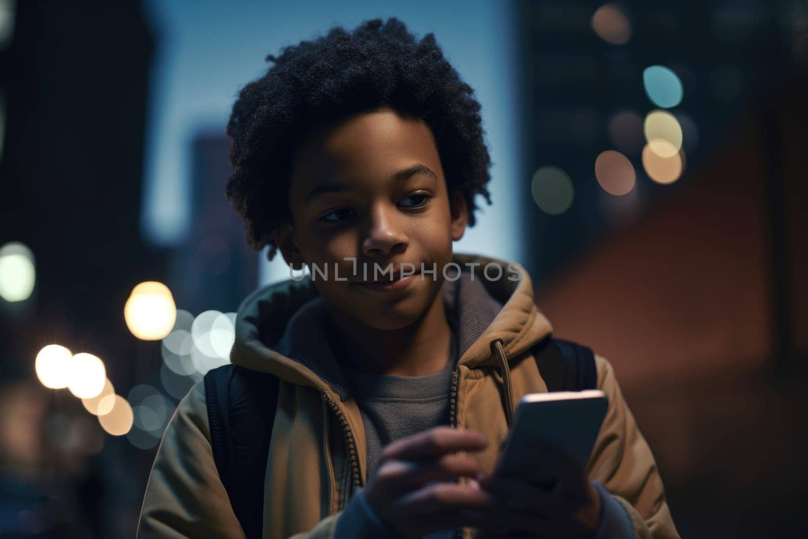 Low angle shot of a young african-american 10-year-old little boy trendy clothes using mobile phone with background of urban city street at night. Generative AI AIG18. by biancoblue