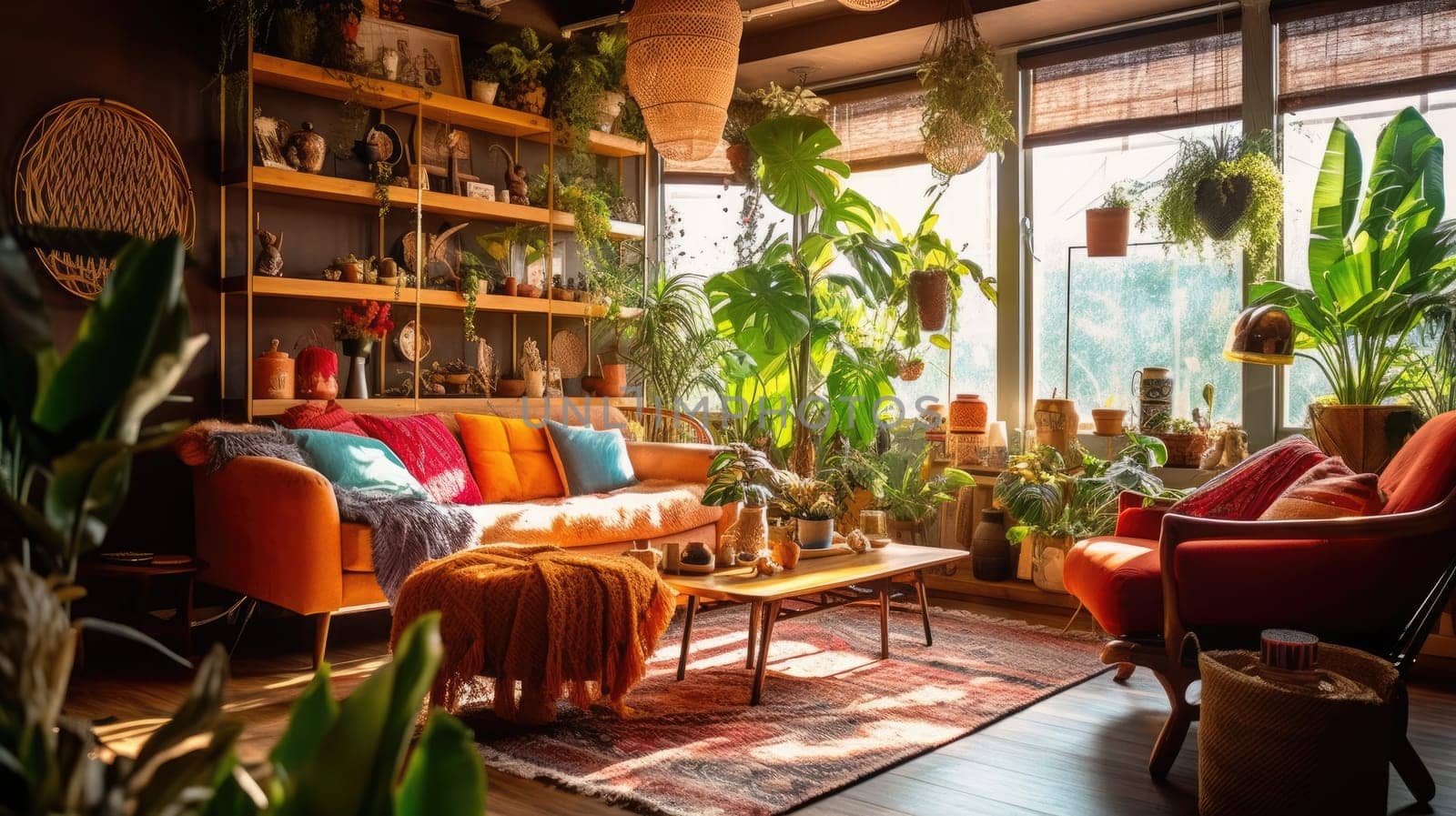 Inspiring office interior design Bohemian style Co-working featuring Eclectic vibe architecture. Generative AI AIG 31.