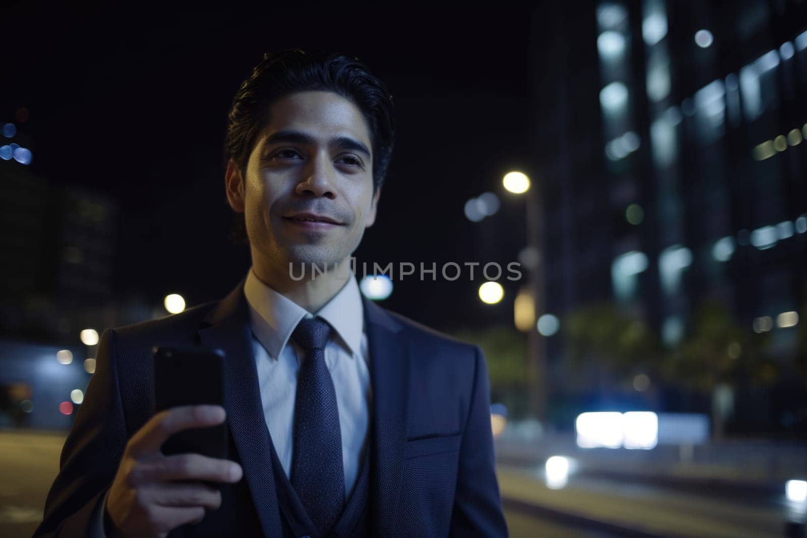 Wide angle shot of a young mexican hispanic businessman executive using mobile phone with background of modern office buildings at night. Generative AI AIG18. by biancoblue