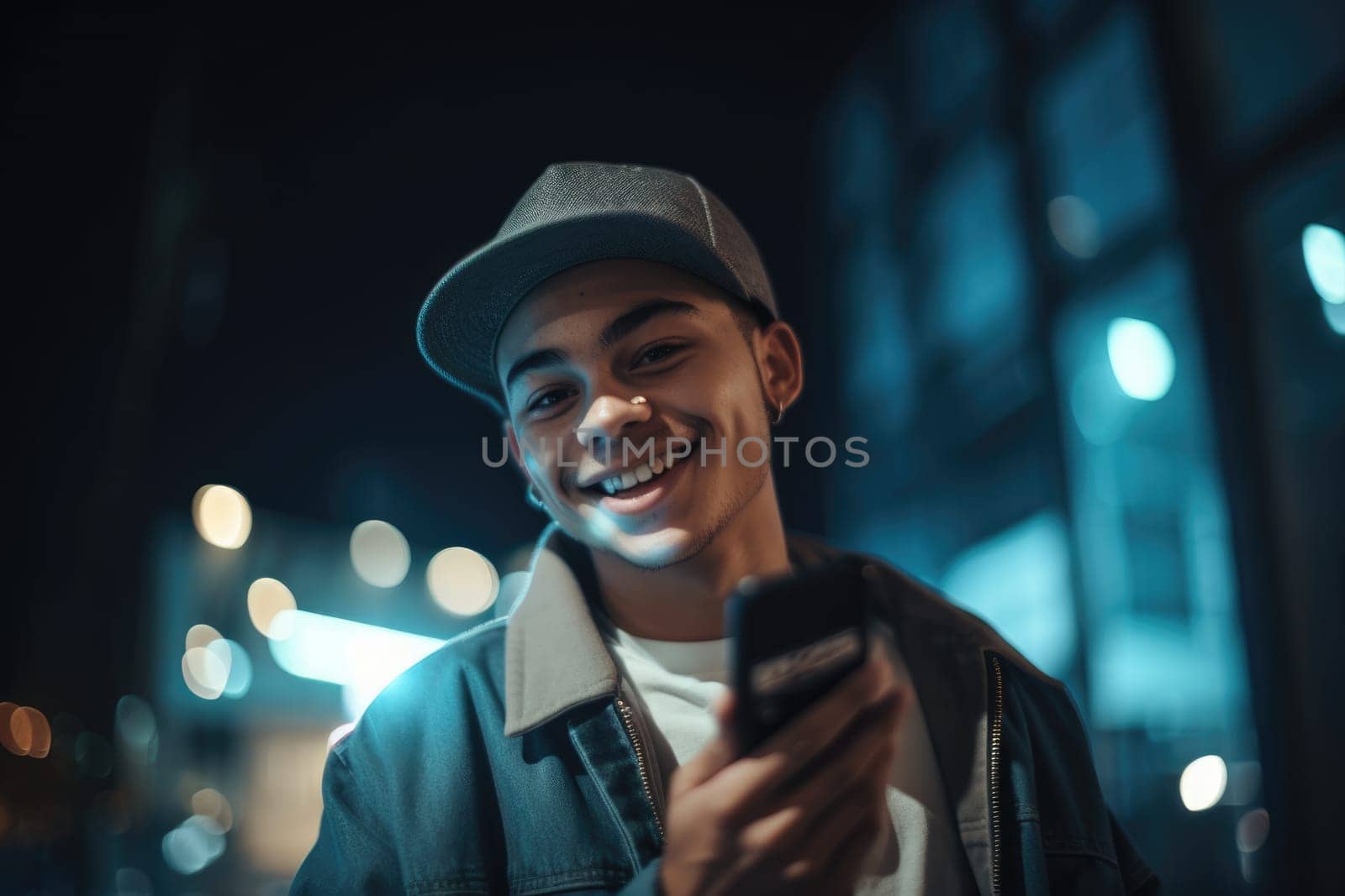 Low angle shot of a young caucasian man trendy clothes using mobile phone with background of urban city street at night. Generative AI AIG18. by biancoblue