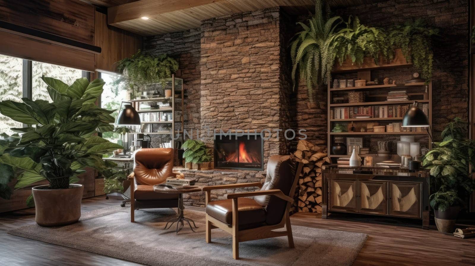 Inspiring office interior design Rustic style Co-working featuring Fireplace architecture. Generative AI AIG 31.