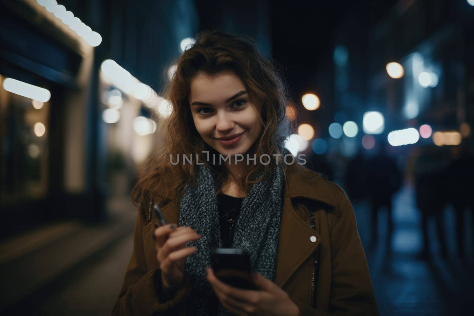 Wide angle shot of a young caucasian woman trendy clothes using mobile phone with background of urban city street at night. Generative AI AIG18. by biancoblue