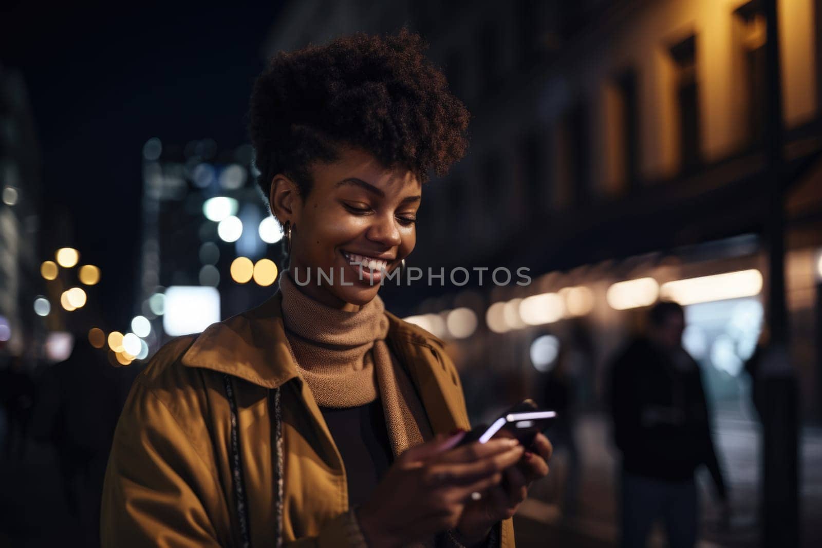 Wide angle shot of a young african-american woman trendy clothes using mobile phone with background of urban city street at night. Generative AI AIG18. by biancoblue