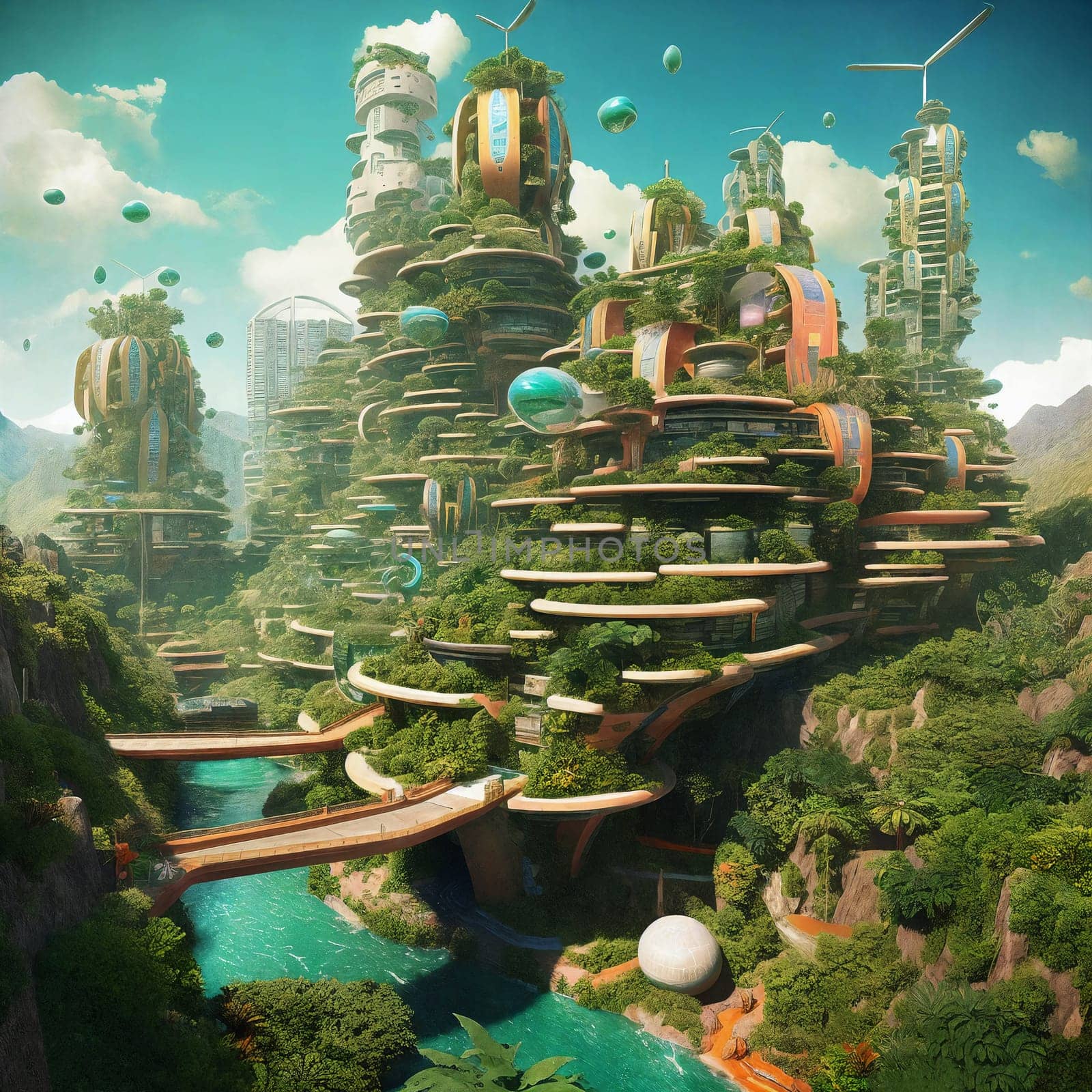 Futuristic cityscape of eco city, modern building surrounded plants. AI Generative