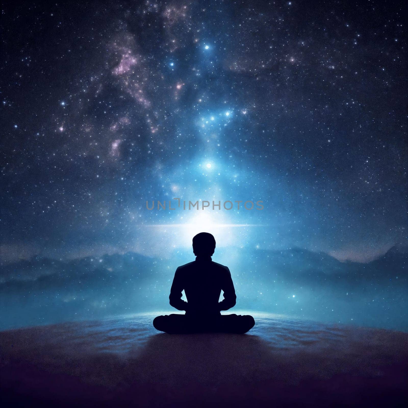 Meditating person silhouette, night starry sky on background. AI Generative