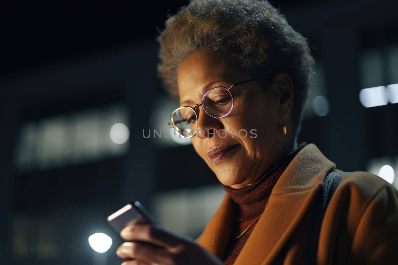 a senior african-american businesswoman executive using mobile phone with background of modern office buildings at night Generative AI AIG18. by biancoblue