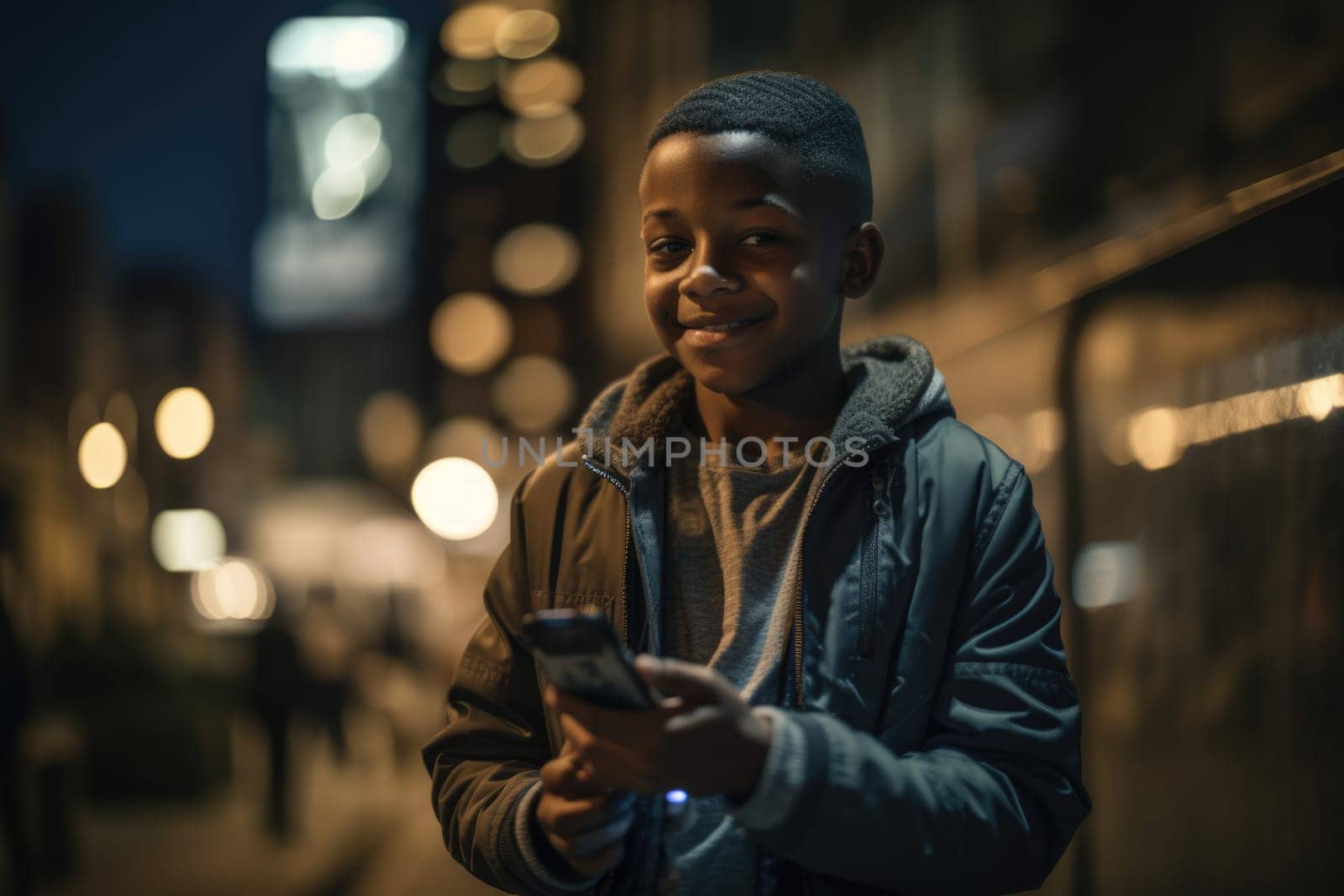 Wide angle shot of a young african-american 10-year-old little boy trendy clothes using mobile phone with background of urban city street at night. Generative AI AIG18. by biancoblue