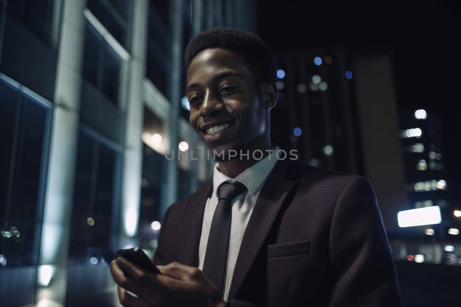 a young african-american businessman executive using mobile phone with background of modern office buildings at night Generative AI AIG18. by biancoblue