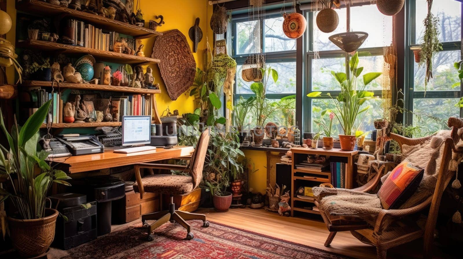 Inspiring office interior design Bohemian style Creative space featuring Eclectic decor architecture. Generative AI AIG 31.