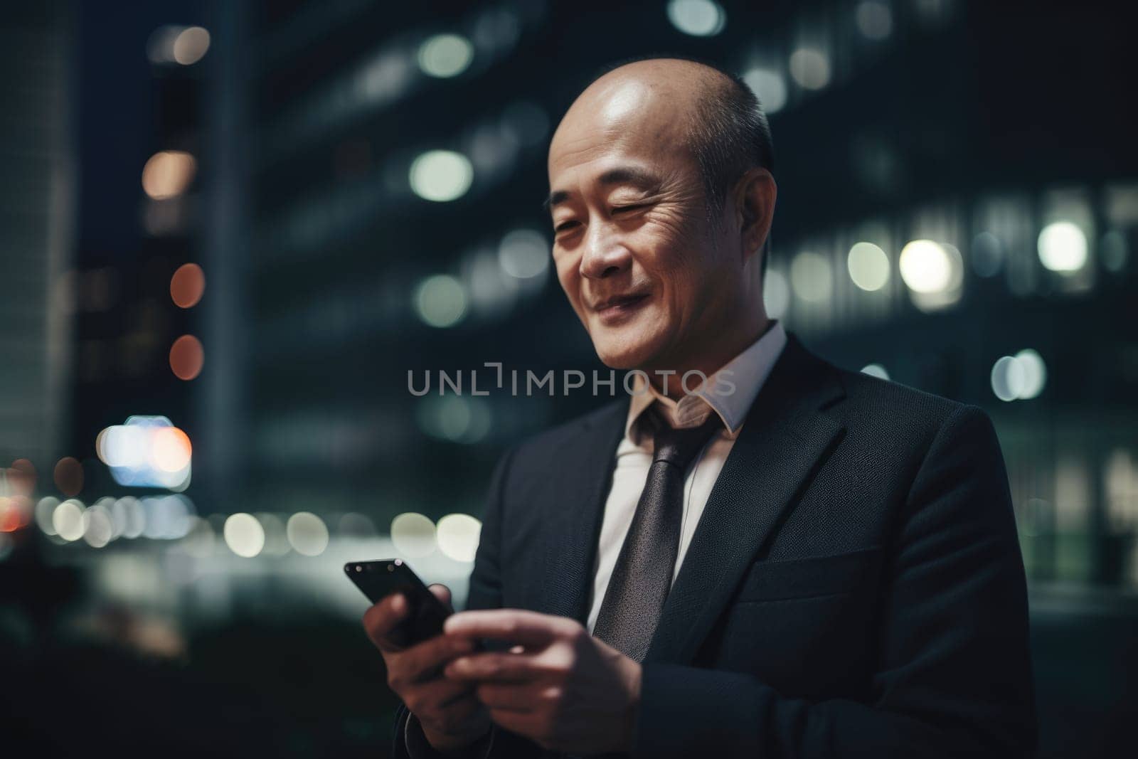 Wide angle shot of a senior chinese japanese businessman executive using mobile phone with background of modern office buildings at night. Generative AI AIG18.