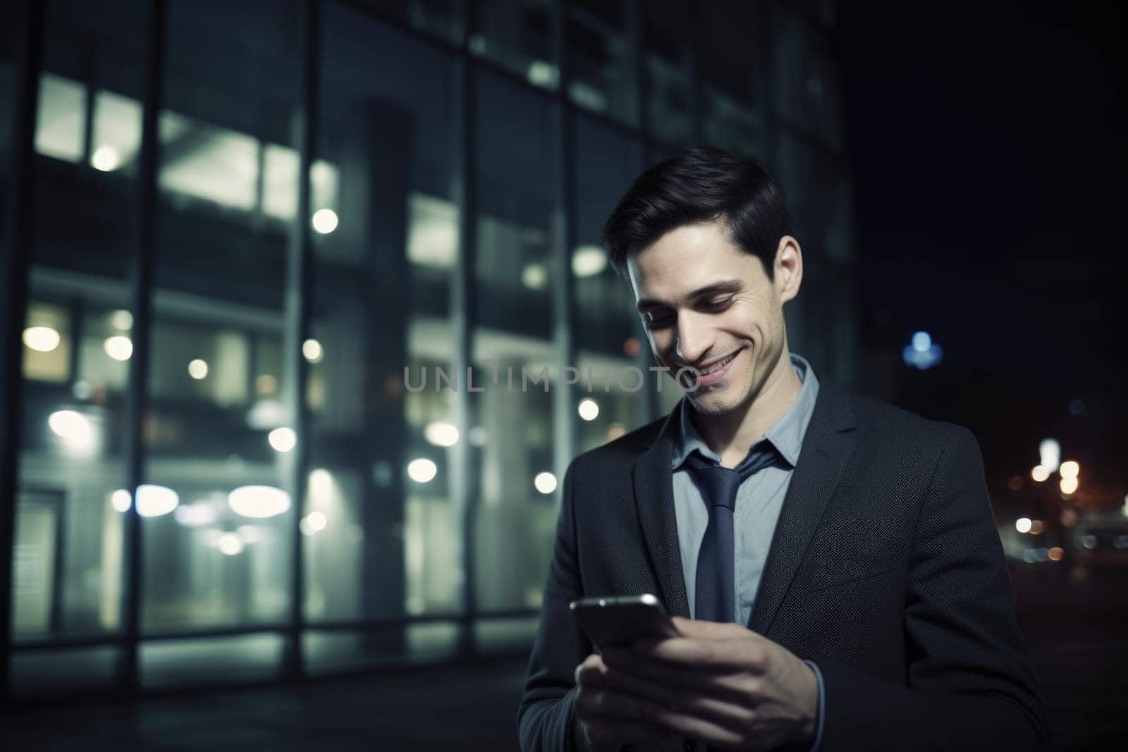 Wide angle shot of a young caucasian businessman executive using mobile phone with background of modern office buildings at night. Generative AI AIG18. by biancoblue