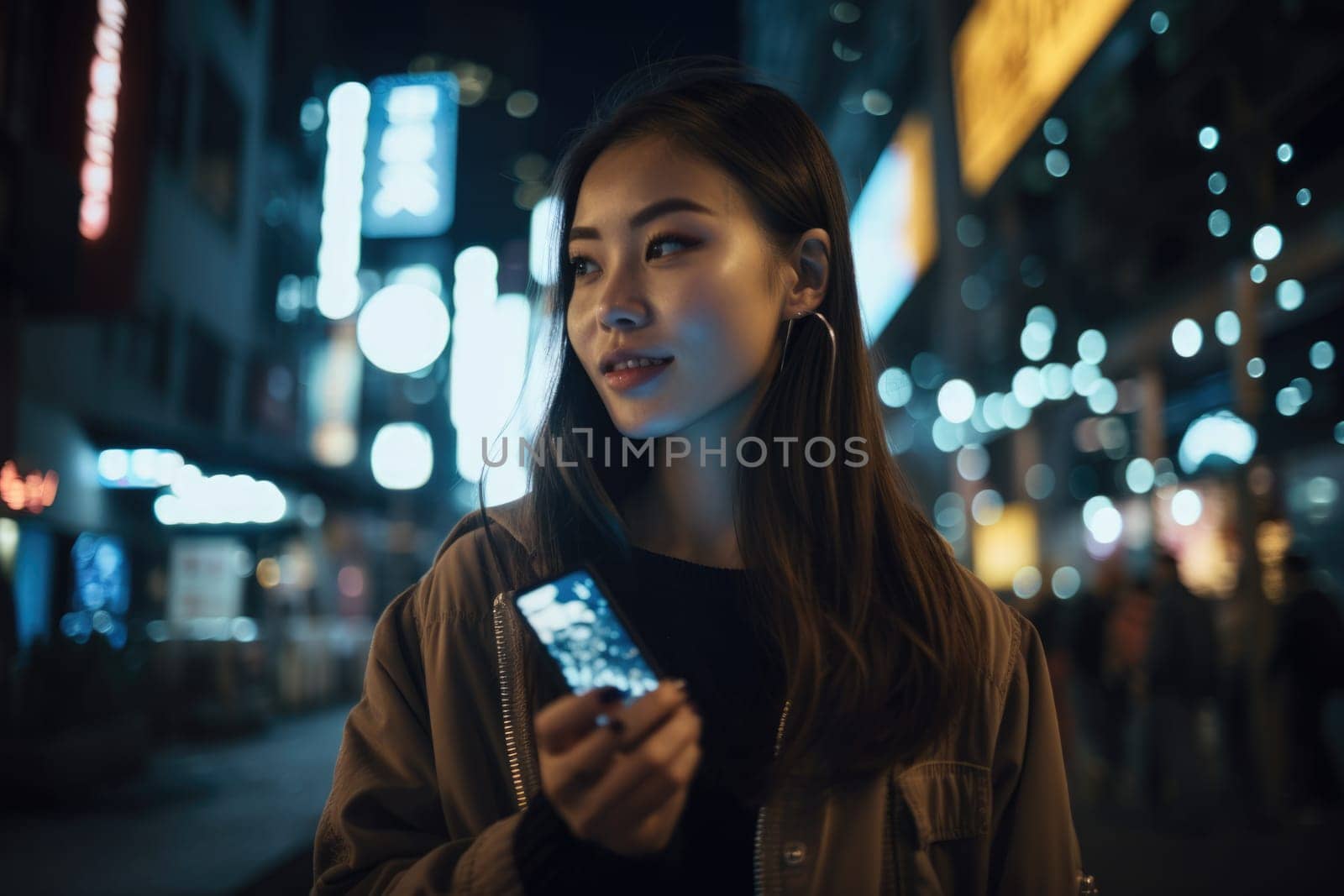 Wide angle shot of a young chinese japanese woman trendy clothes using mobile phone with background of urban city street at night. Generative AI AIG18. by biancoblue