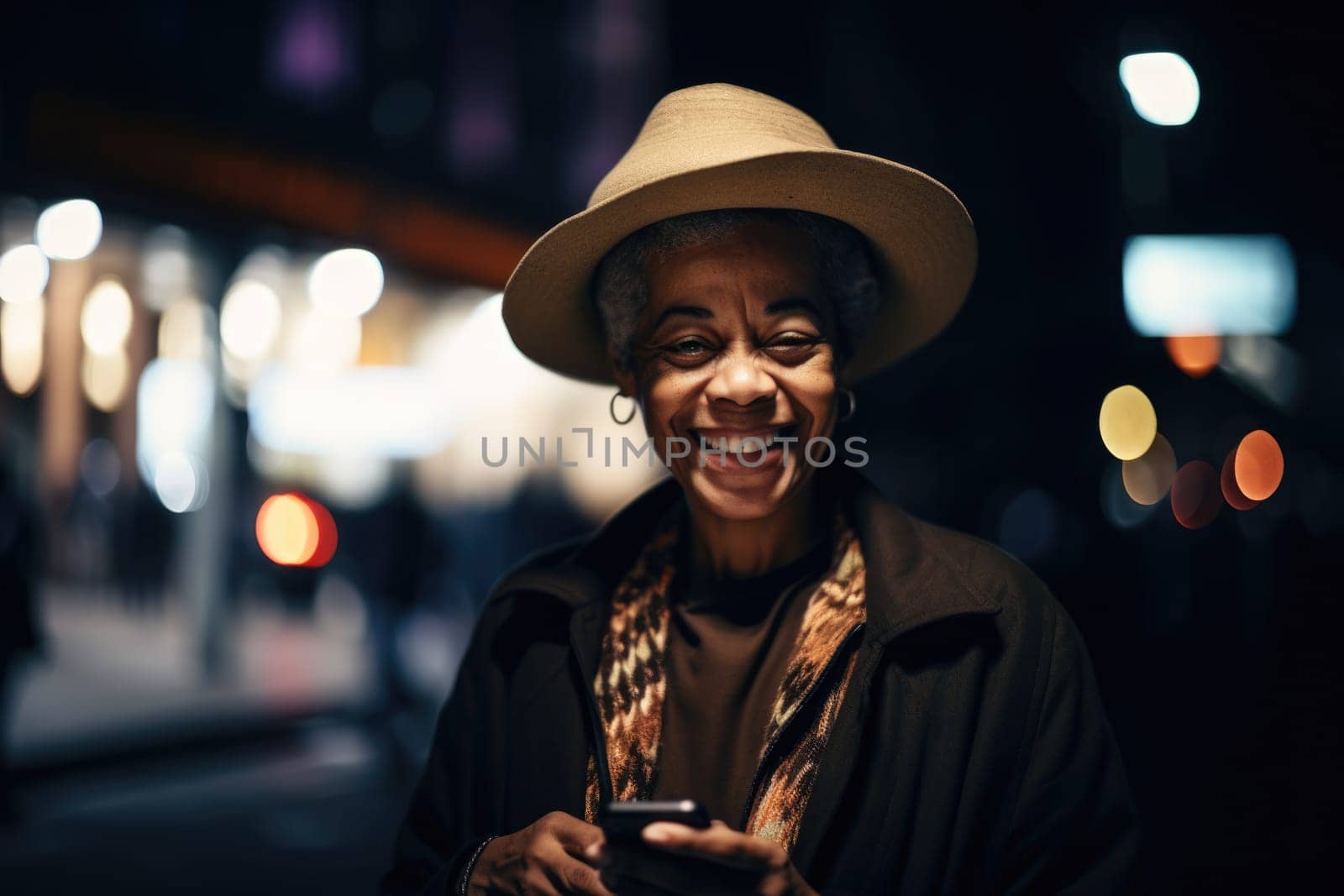 Wide angle shot of a senior african-american woman trendy clothes using mobile phone with background of urban city street at night. Generative AI AIG18. by biancoblue