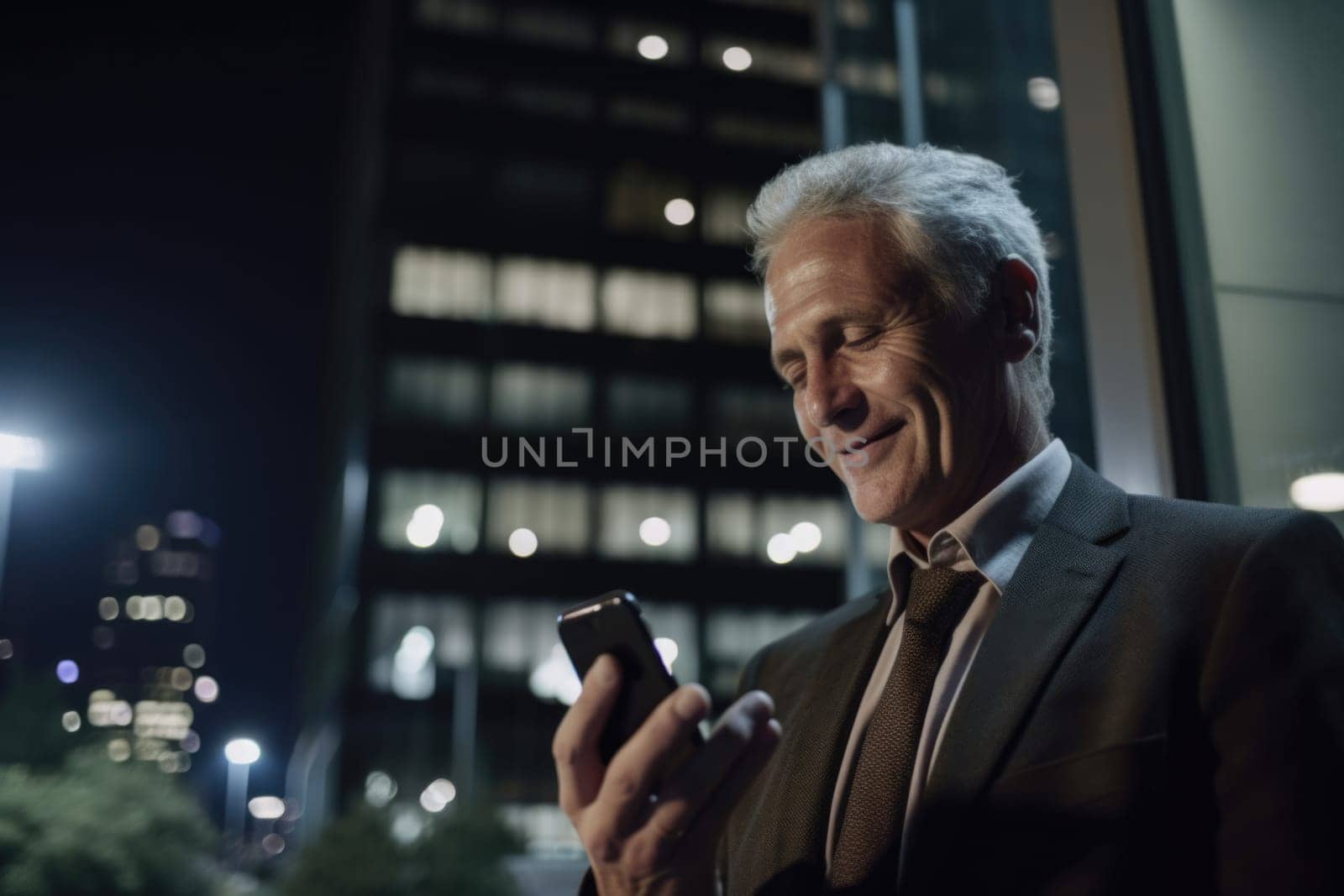 a senior caucasian businessman executive using mobile phone with background of modern office buildings at night Generative AI AIG18. by biancoblue