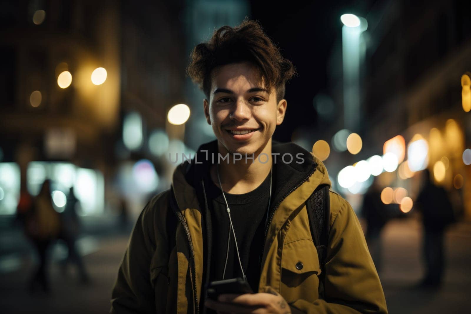 Wide angle shot of a young mexican hispanic man trendy clothes using mobile phone with background of urban city street at night. Generative AI AIG18.