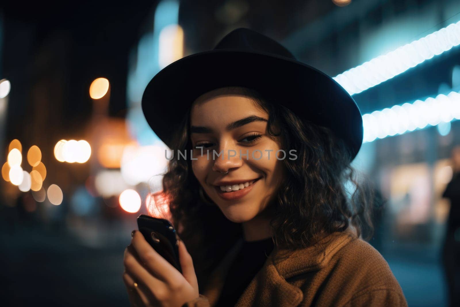 Low angle shot of a young mexican hispanic woman trendy clothes using mobile phone with background of urban city street at night. Generative AI AIG18.