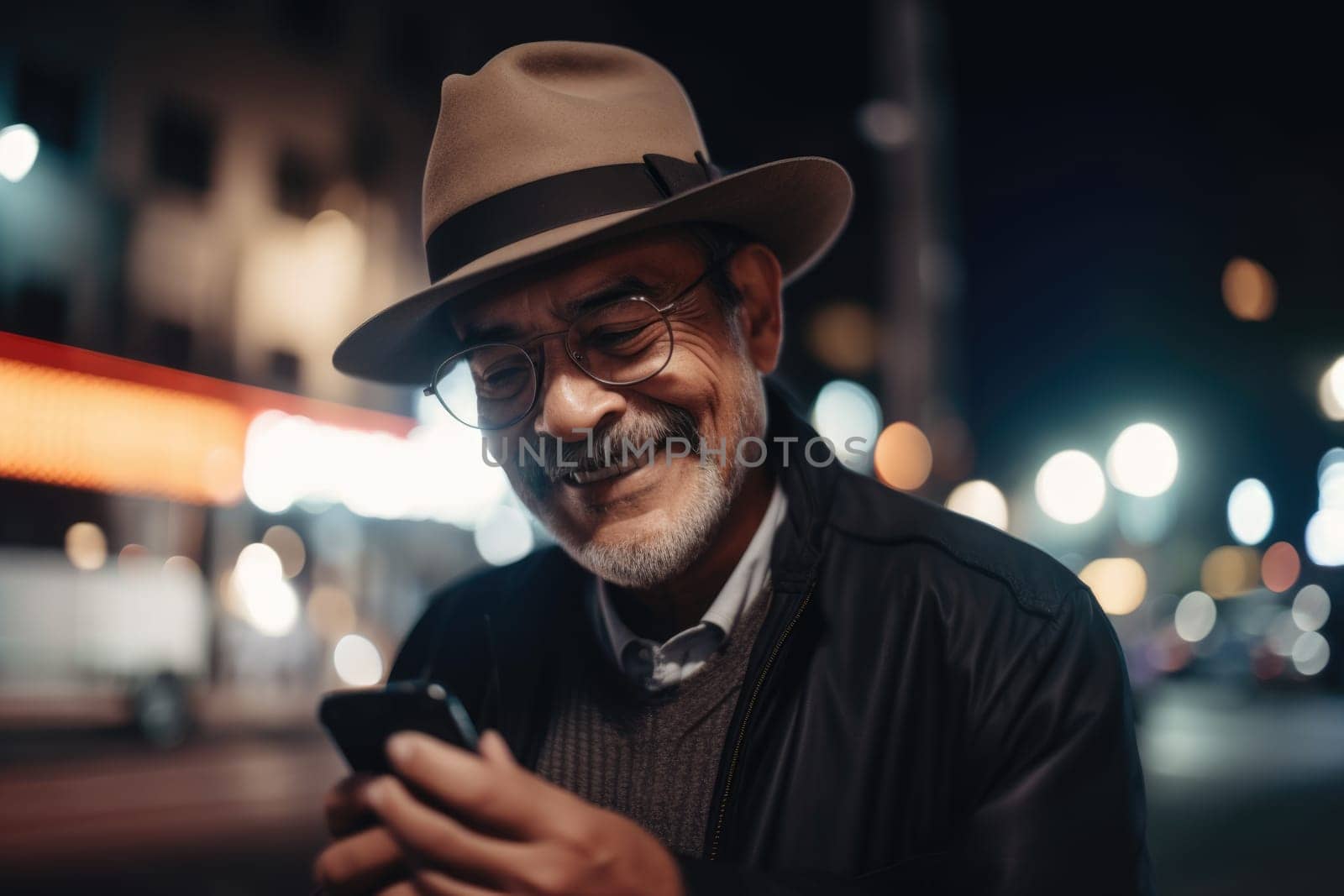 a senior mexican hispanic man trendy clothes using mobile phone with background of urban city street at night Generative AI AIG18. by biancoblue