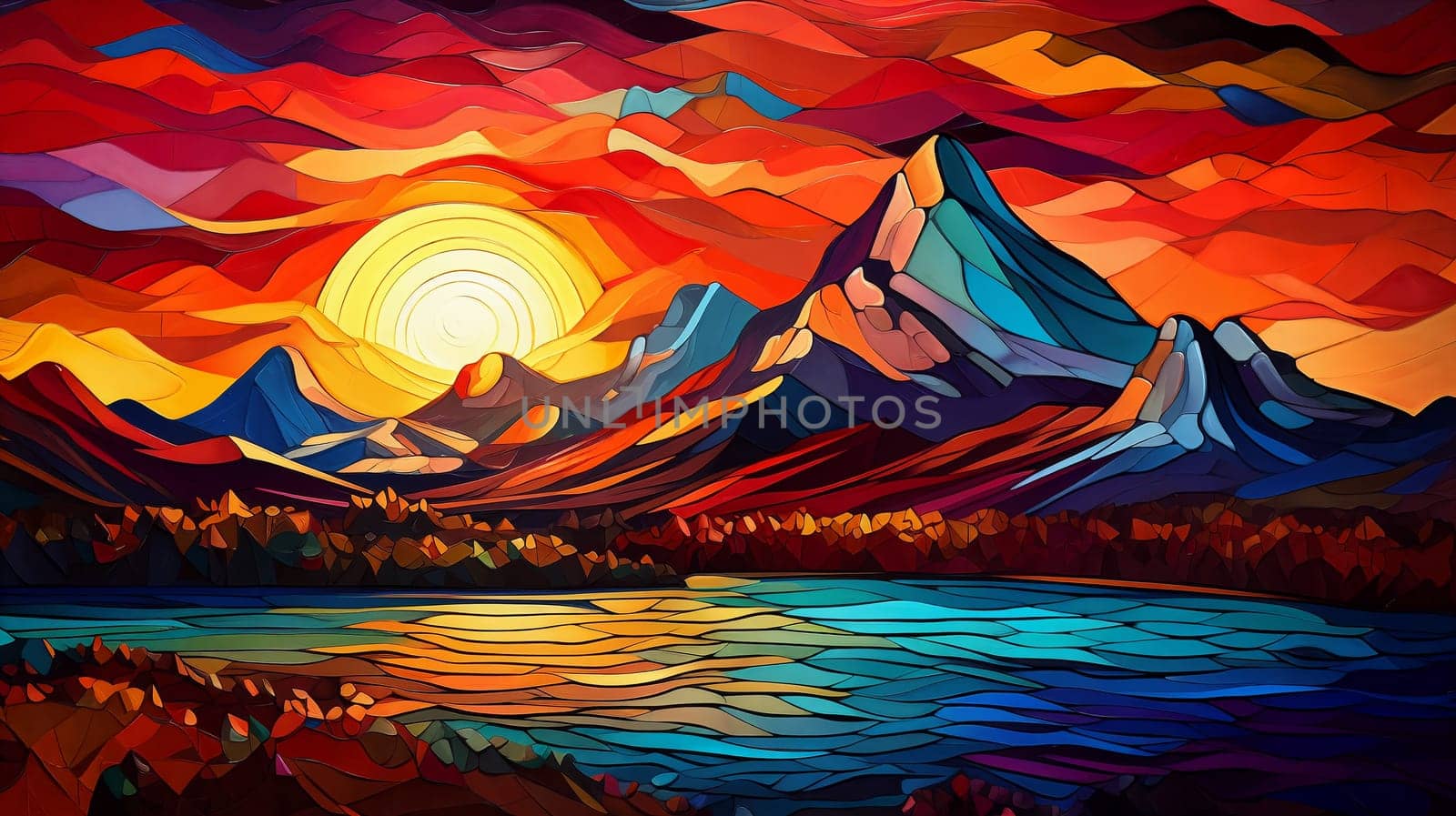 Sunset over the mountains, clouds on the foreground, panorama . AI Generative
