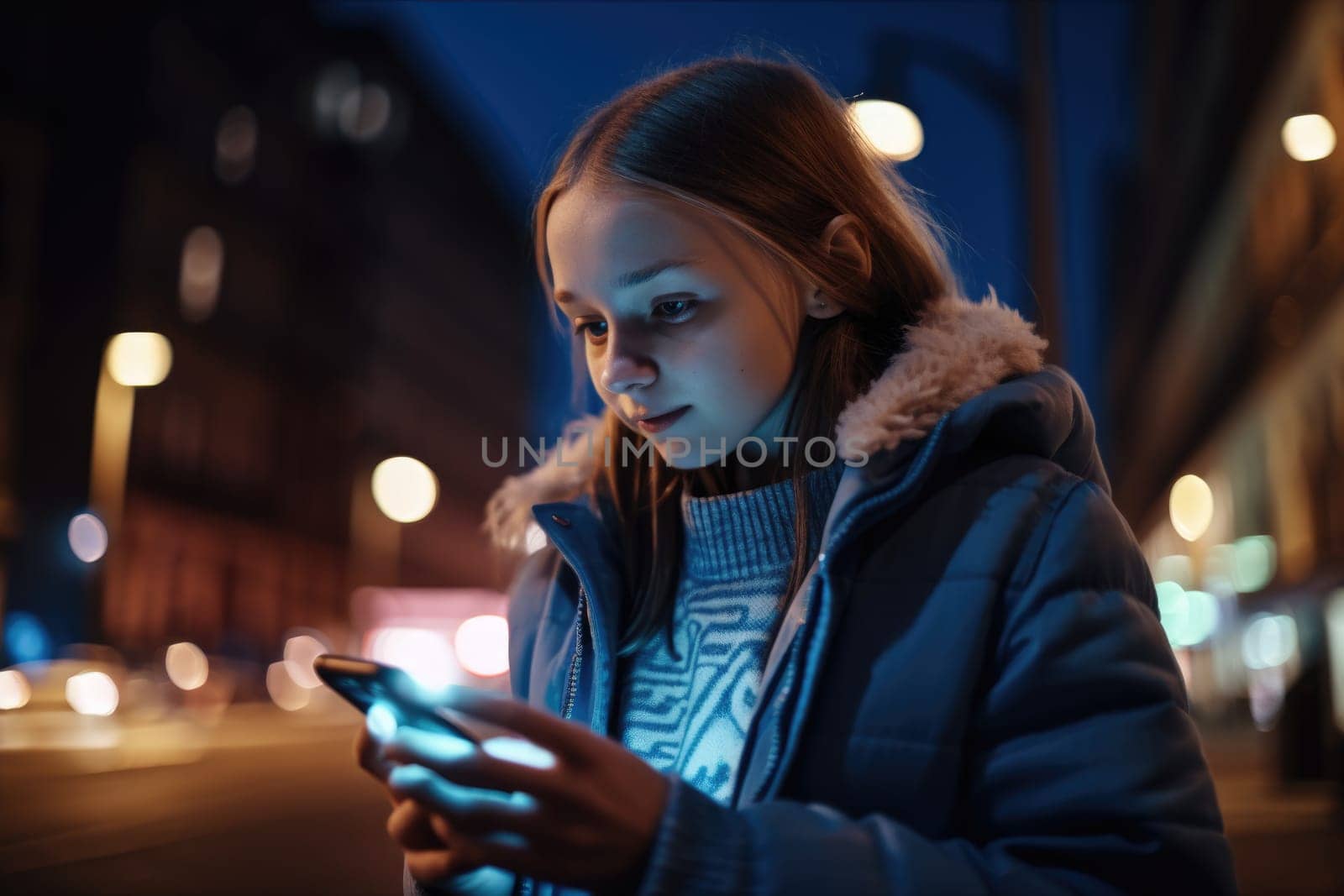 Low angle shot of a young caucasian 10-year-old little girl trendy clothes using mobile phone with background of urban city street at night. Generative AI AIG18.