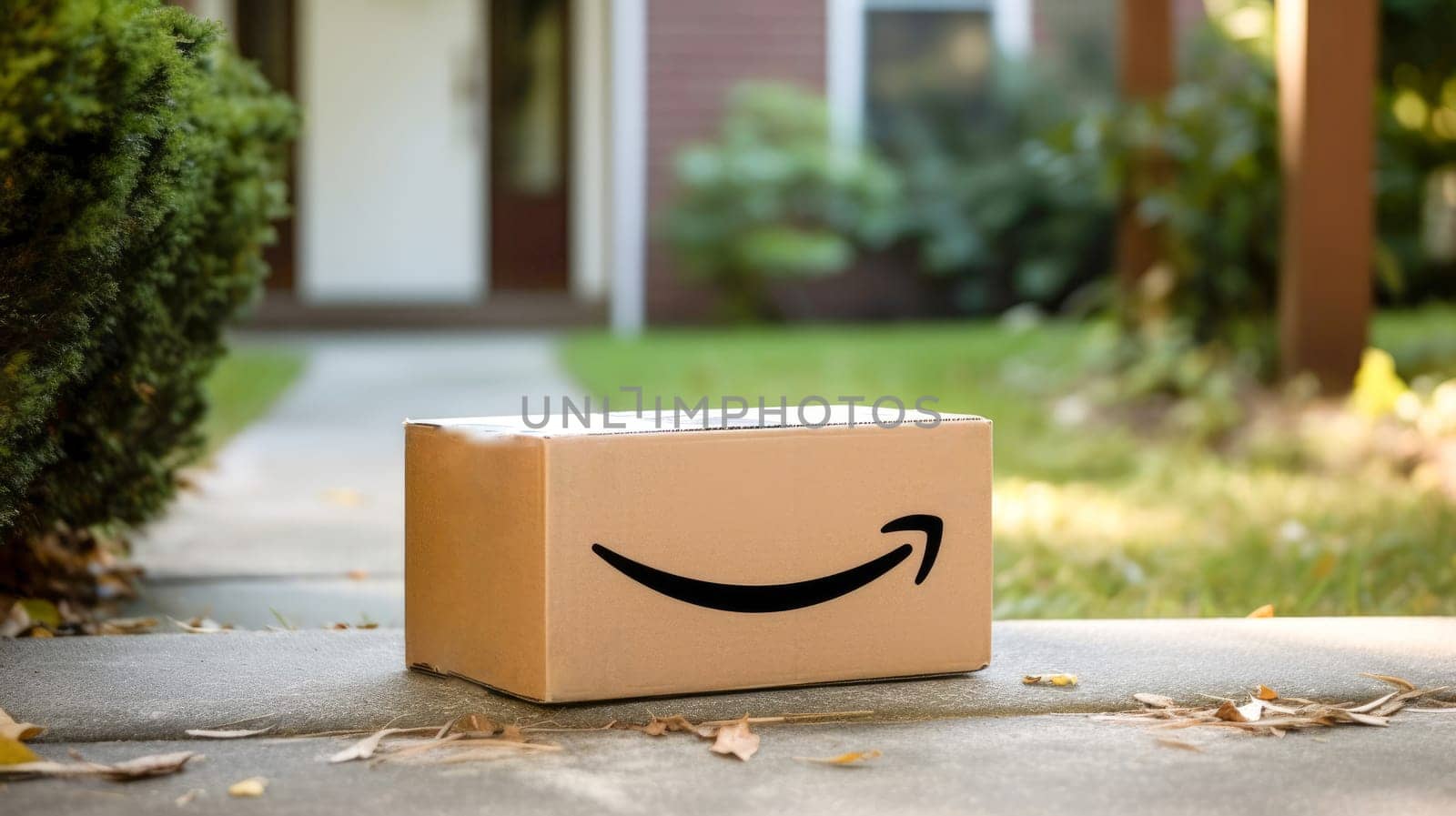 Delivered parcel box outside on sidewalk near house entrance. Amazon Prime shopping. Generative Ai