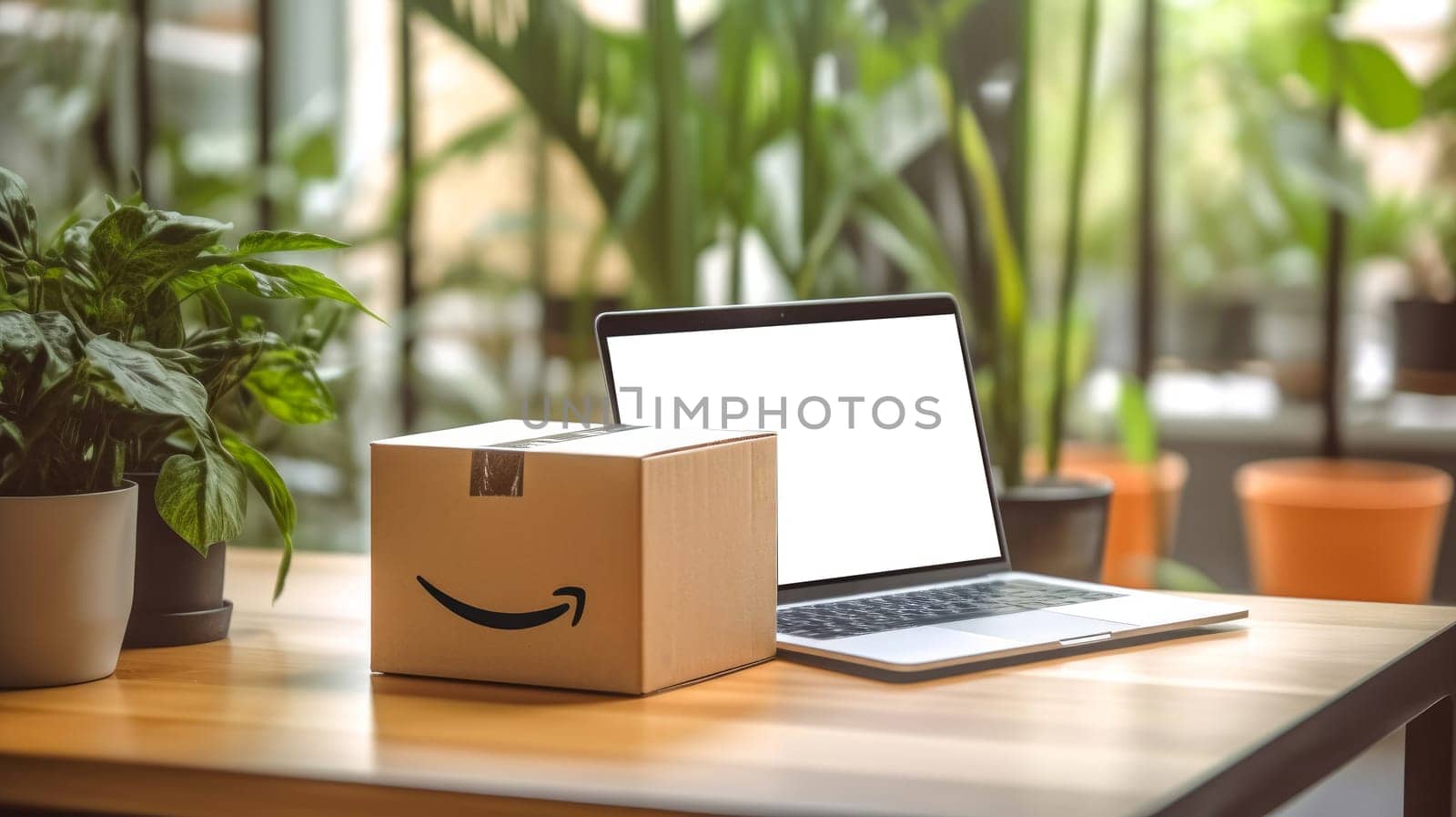 Delivered parcel box on table with laptop blurred home background. Amazon Prime shopping. Online shopping. Generative Ai