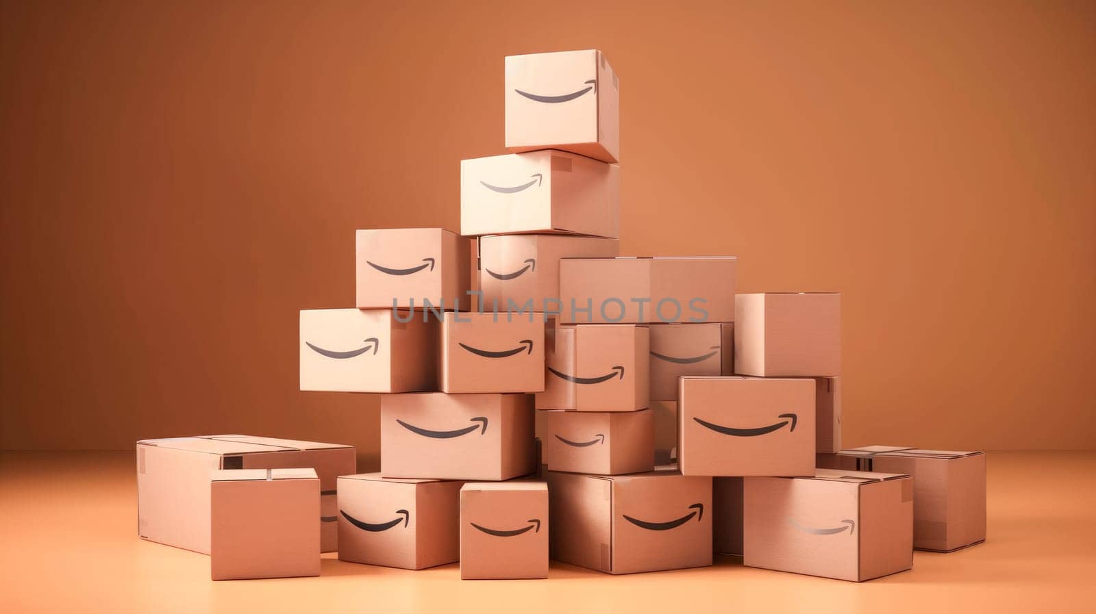 Pile of Amazon Prime cardboard boxes packages on yellow background. Generative Ai
