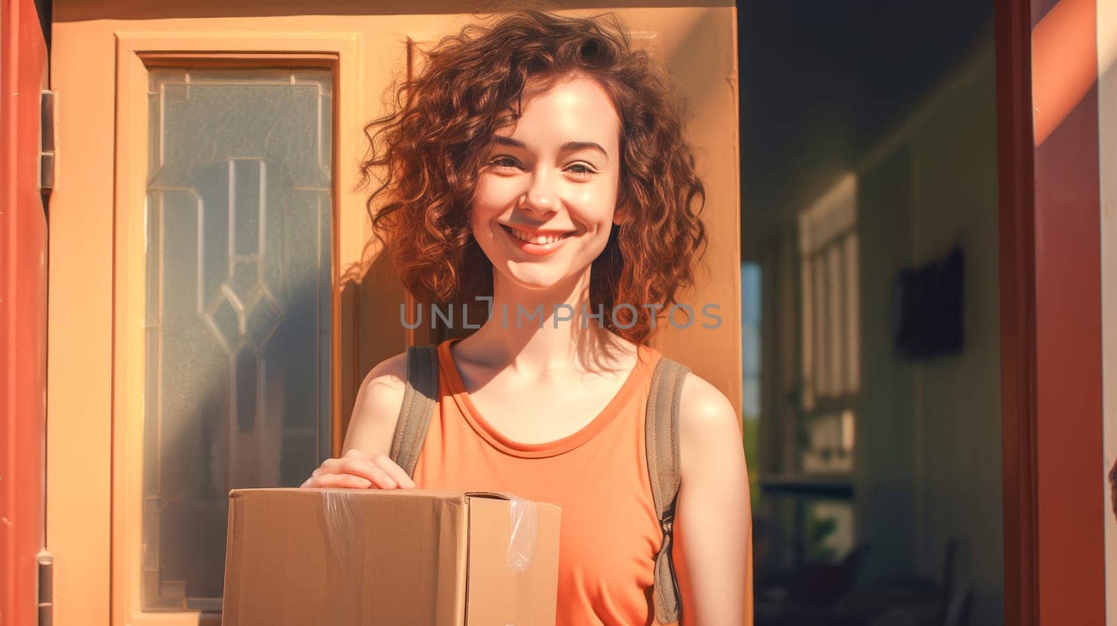 Smiling woman holding cardboard parcel box against front door house entrance. Black Friday sale. Online shopping. Generative ai