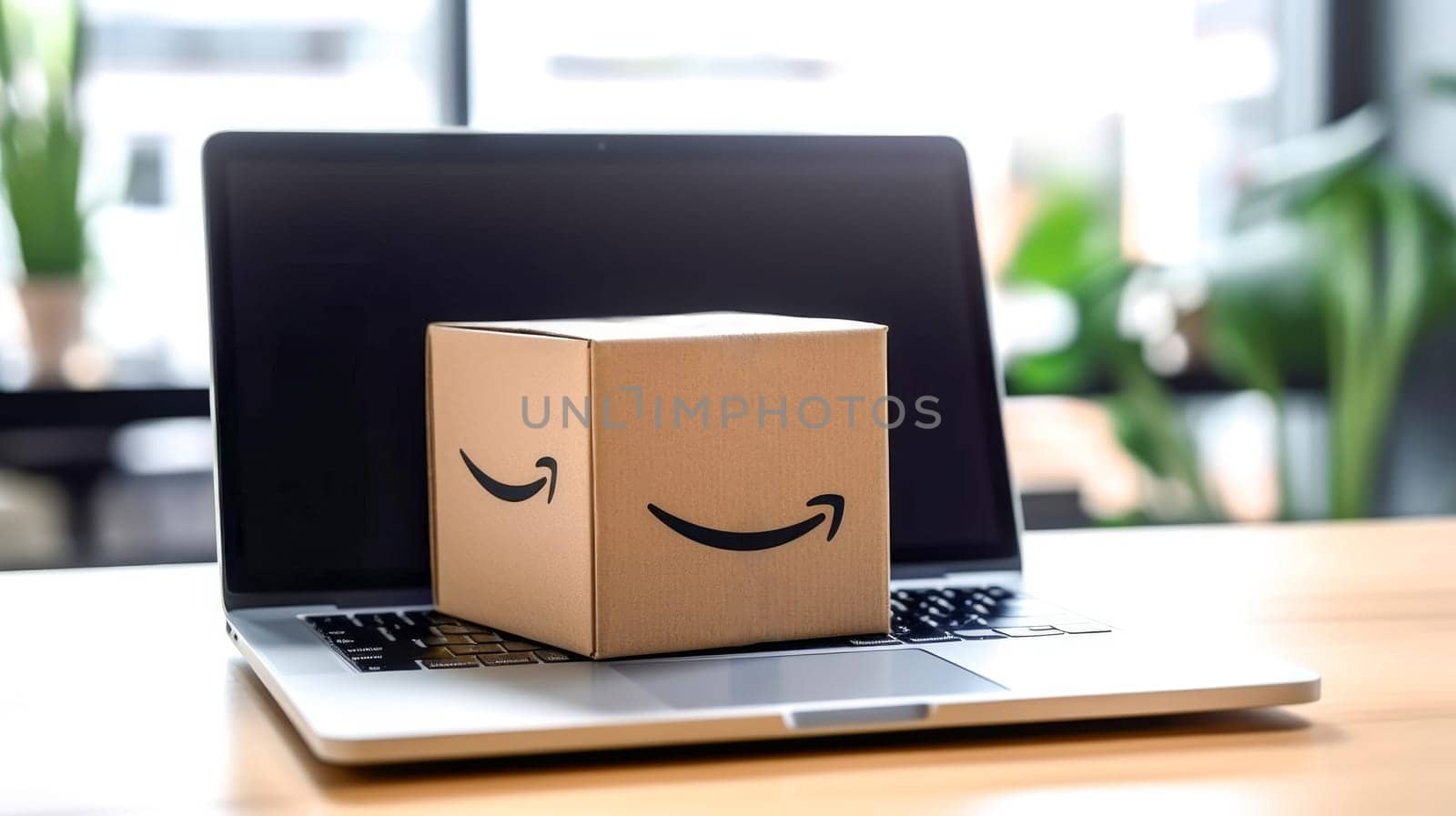 Delivered parcel box on table with laptop blurred home background. Amazon Prime shopping. Online shopping. Generative Ai