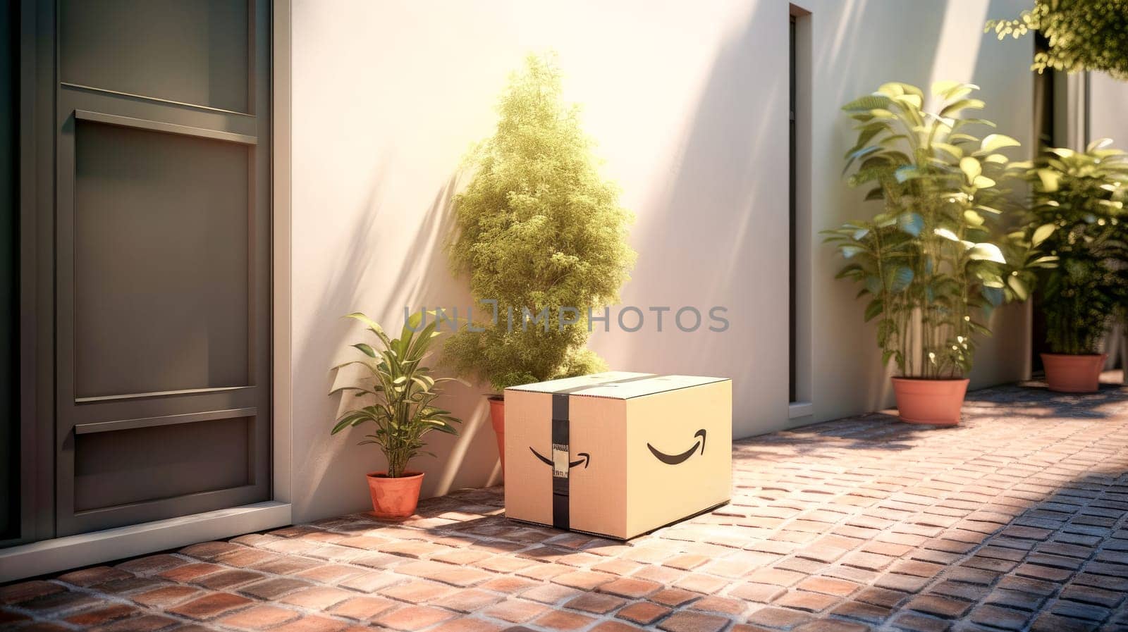 Delivered parcel box on door mat near entrance. Amazon Prime shopping. Generative Ai