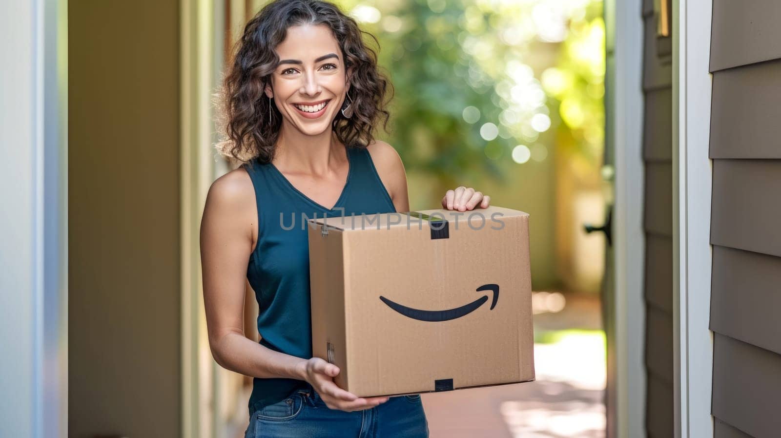 Smiling woman holding Amazon Prime cardboard parcel box against front door house entrance. Black Friday sale. Online shopping. Generative ai