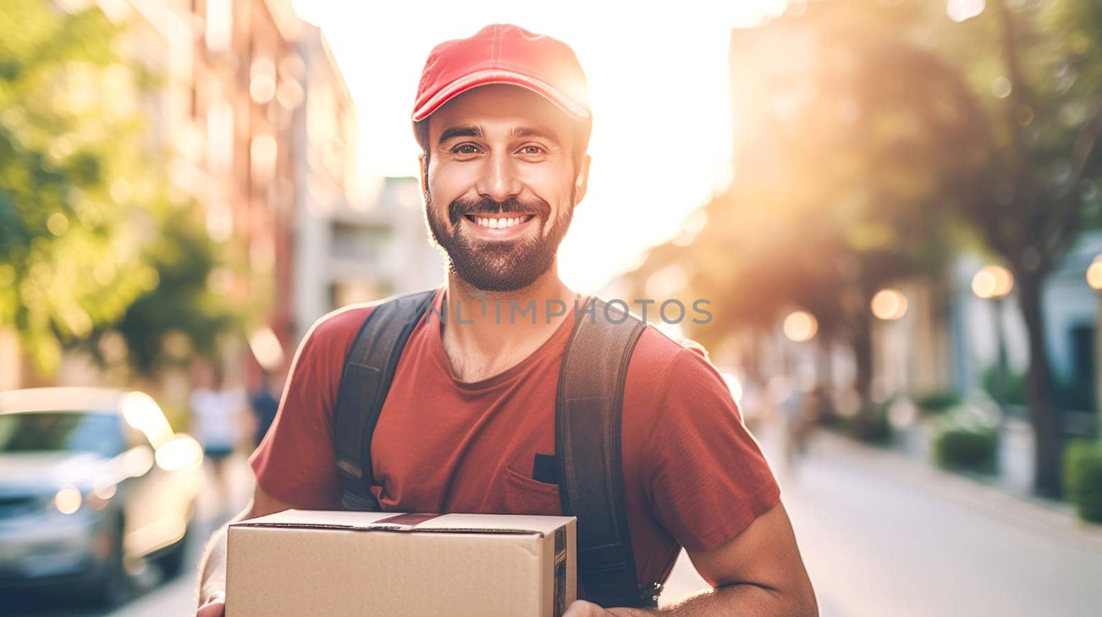 Smiling delivery man holding cardbox parcel box looking at camera blurred street background. Generative ai