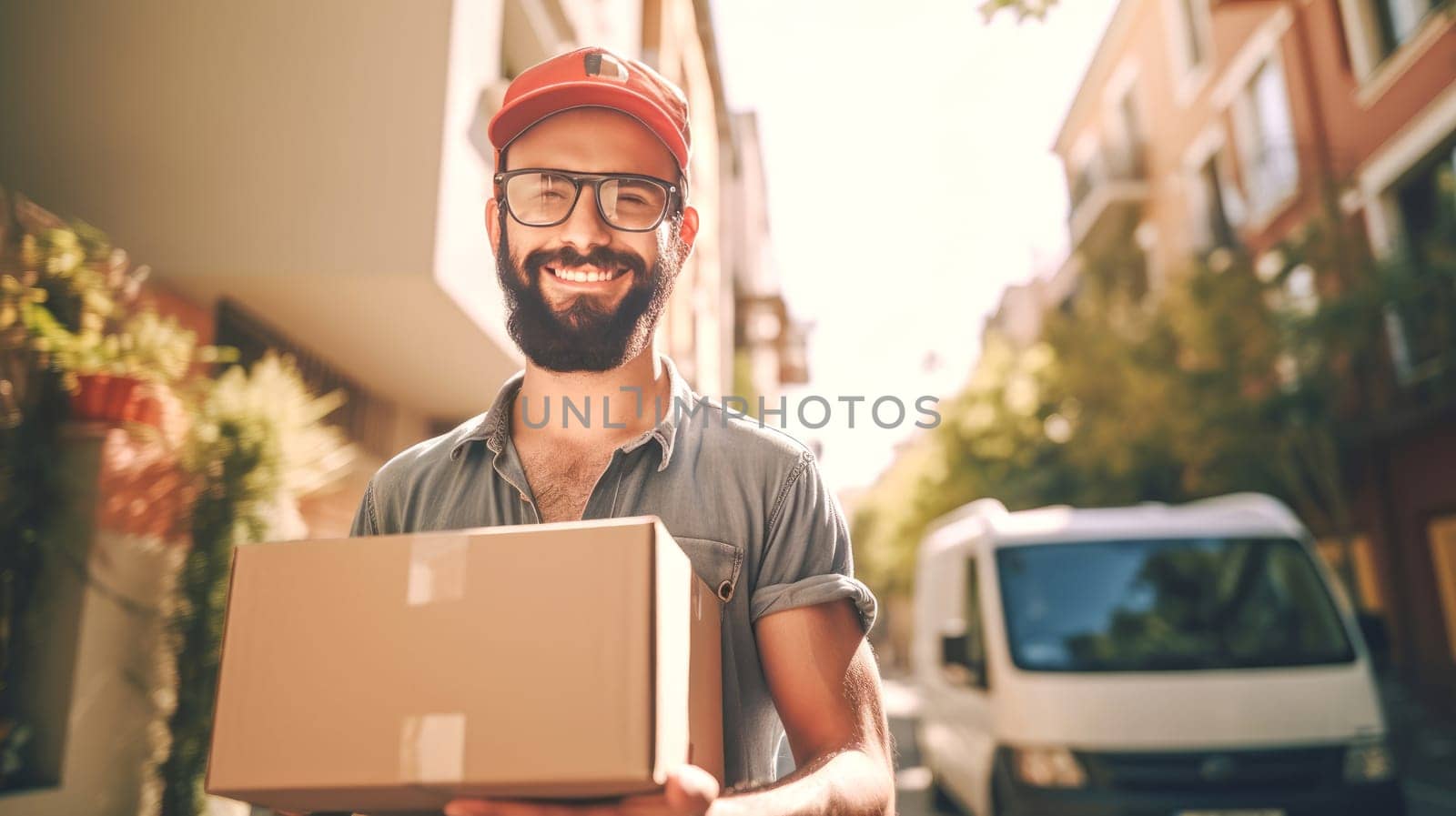 Smiling delivery man holding cardbox parcel box looking at camera blurred street background. Generative ai