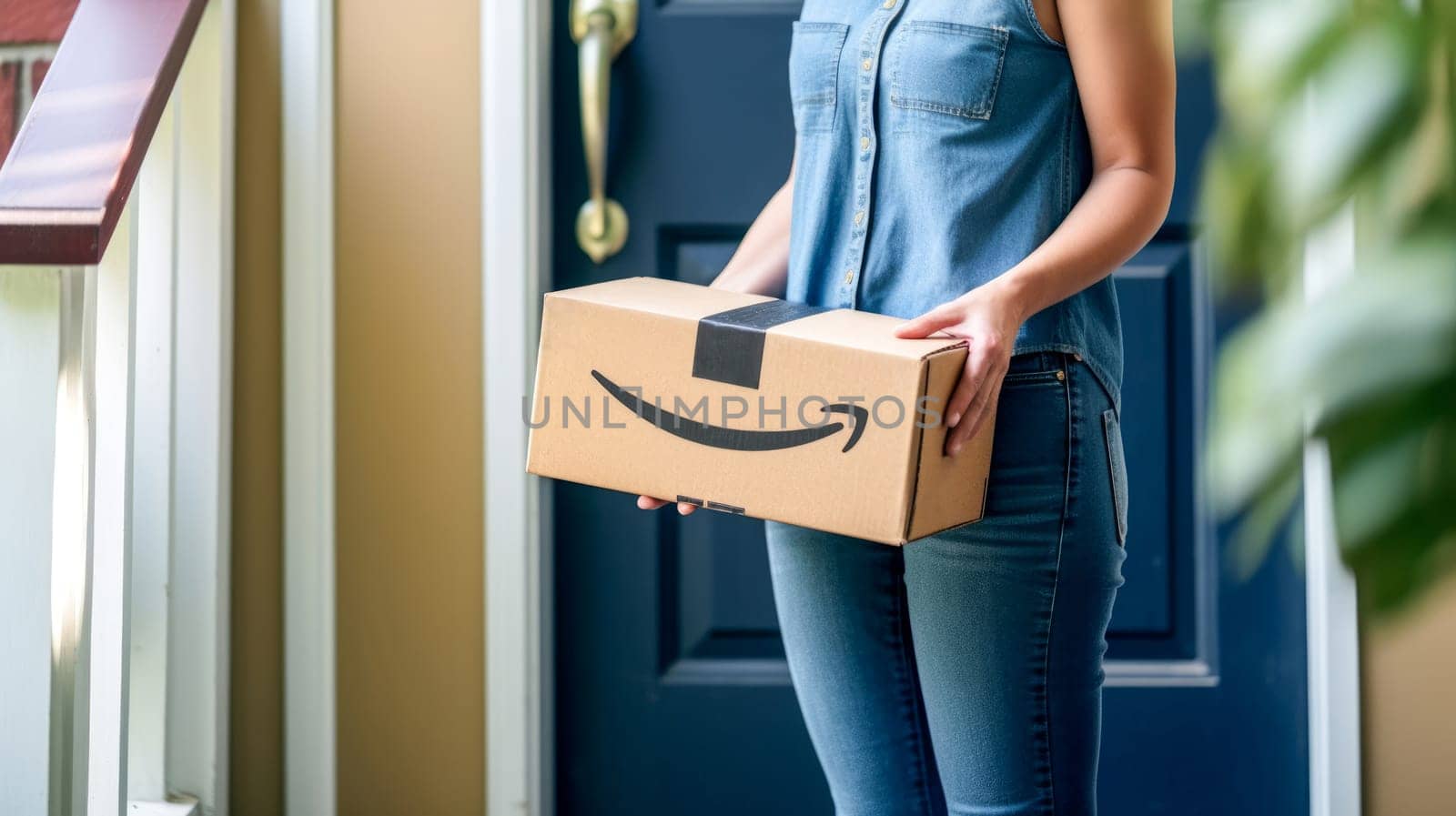 Faceless woman holding Amazon Prime cardboard parcel box against front door house entrance. Black Friday sale. Online shopping. Generative ai