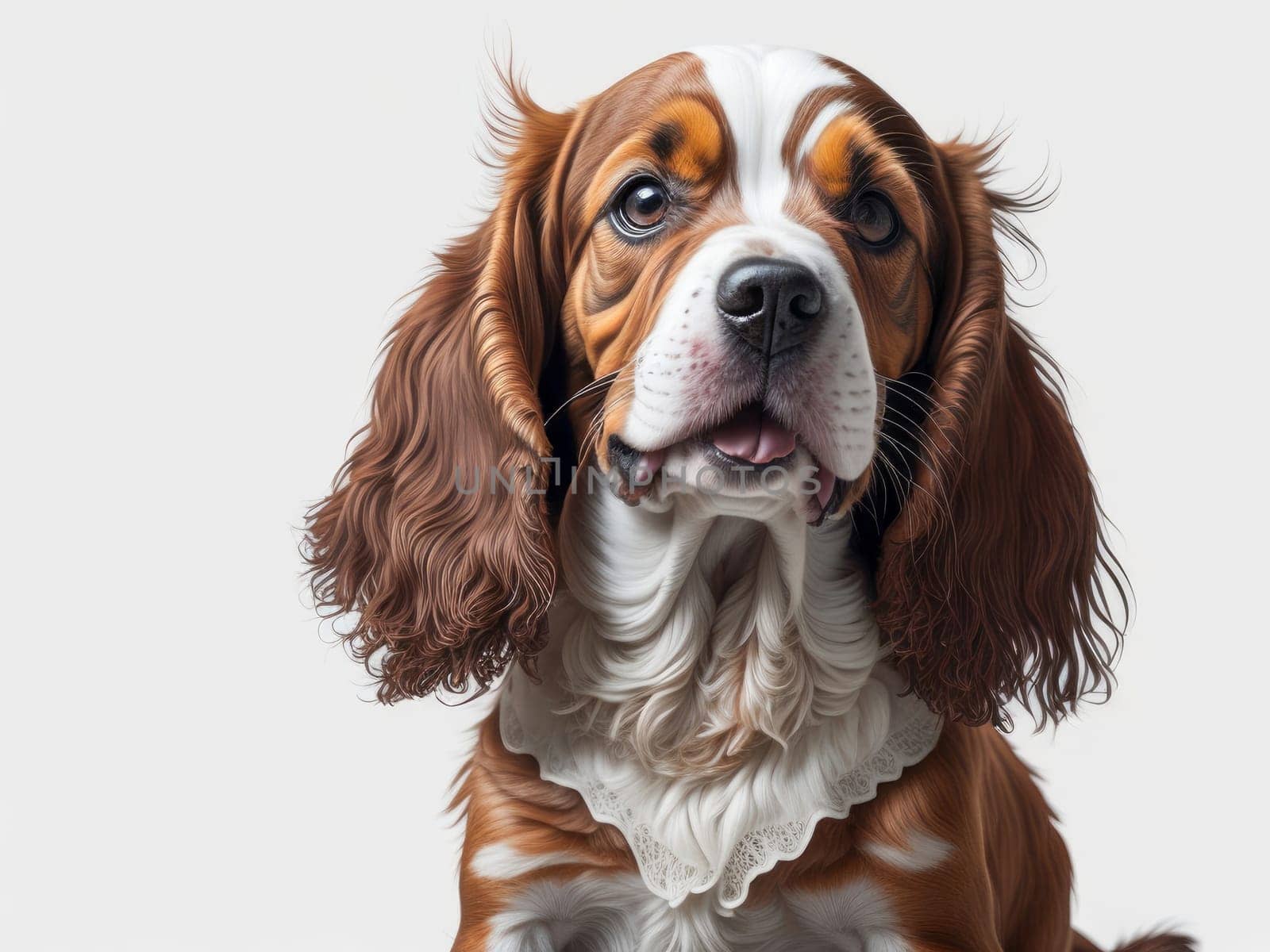 Cute happy cocker spaniel puppy on white background. Generative Ai