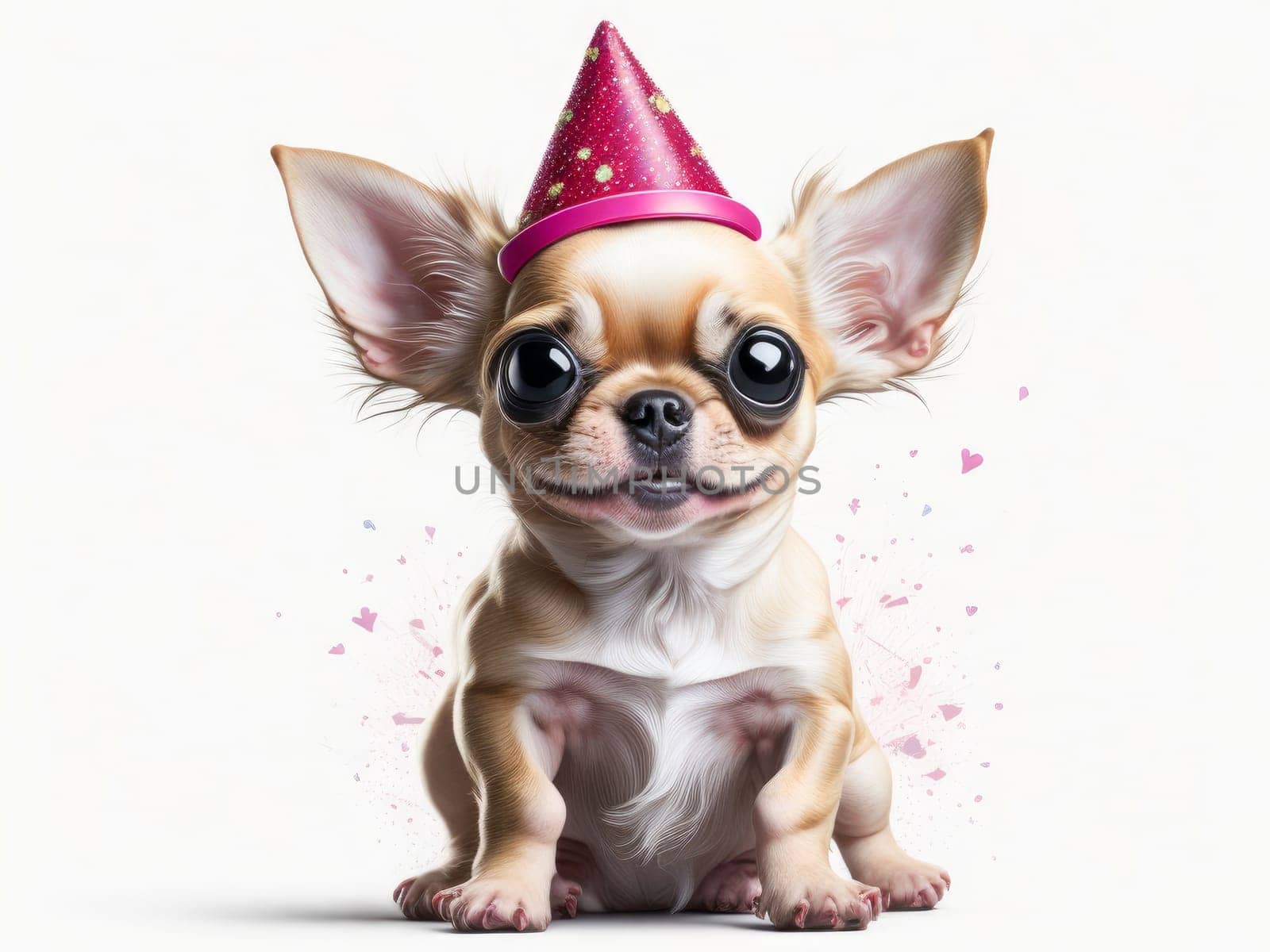 Cute funny chihuahua puppy wearing birthday hat on white background. Generative Ai