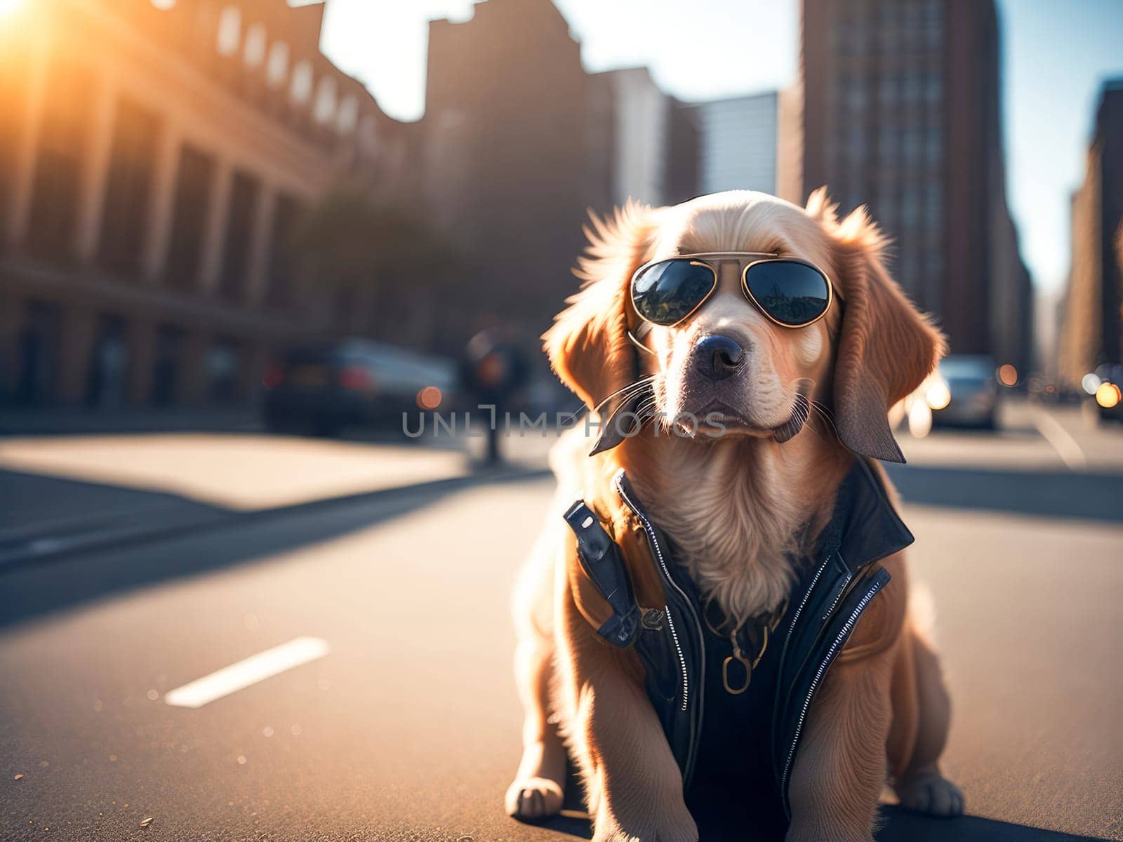 Cute dog golden retriever breed wearing denim jacket and sunglasses city on background. Dog vacation relax concept. Generative Ai