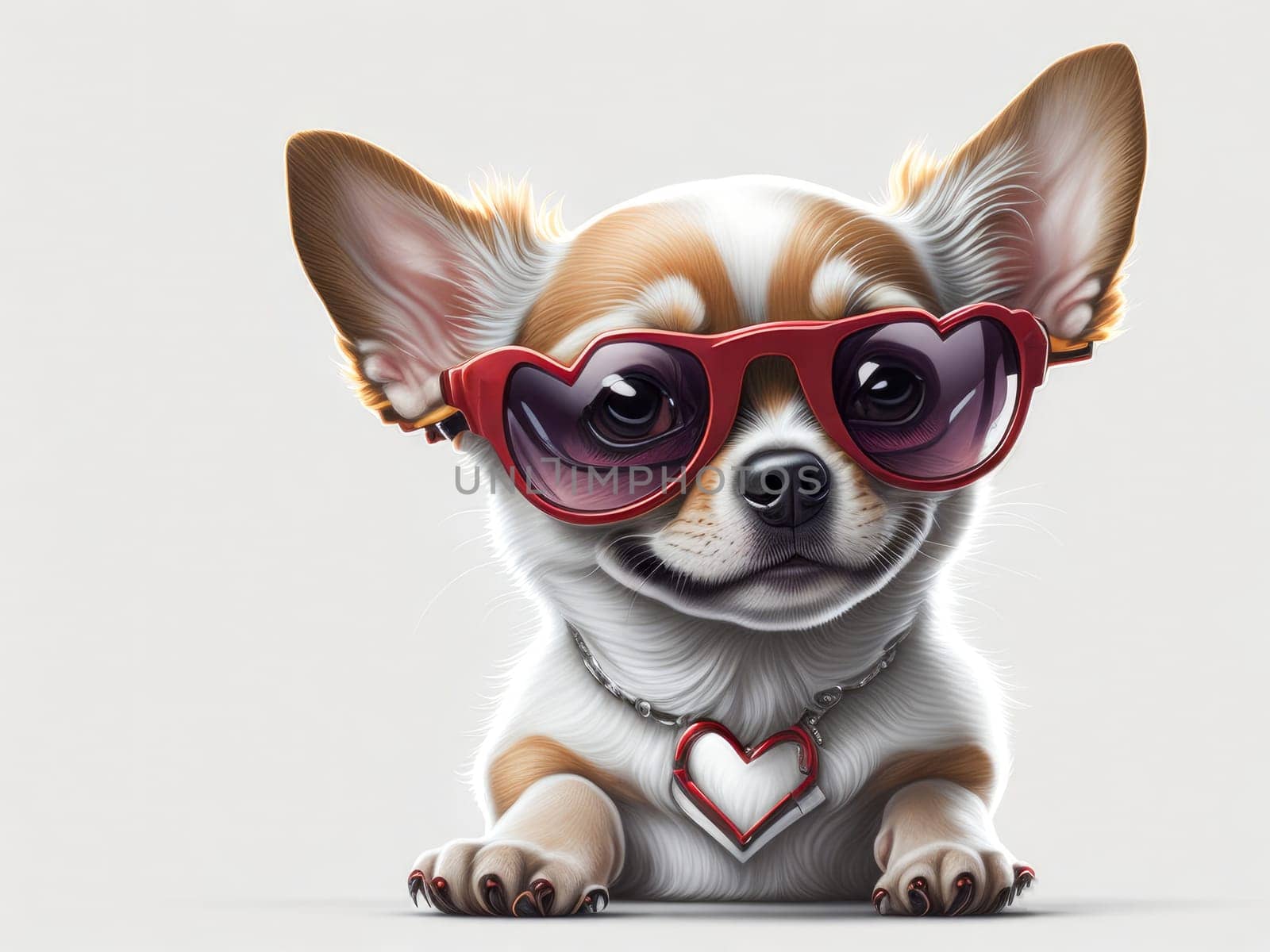 Cute funny chihuahua puppy wearing pink heart shaped sunglasses on white background. Generative Ai