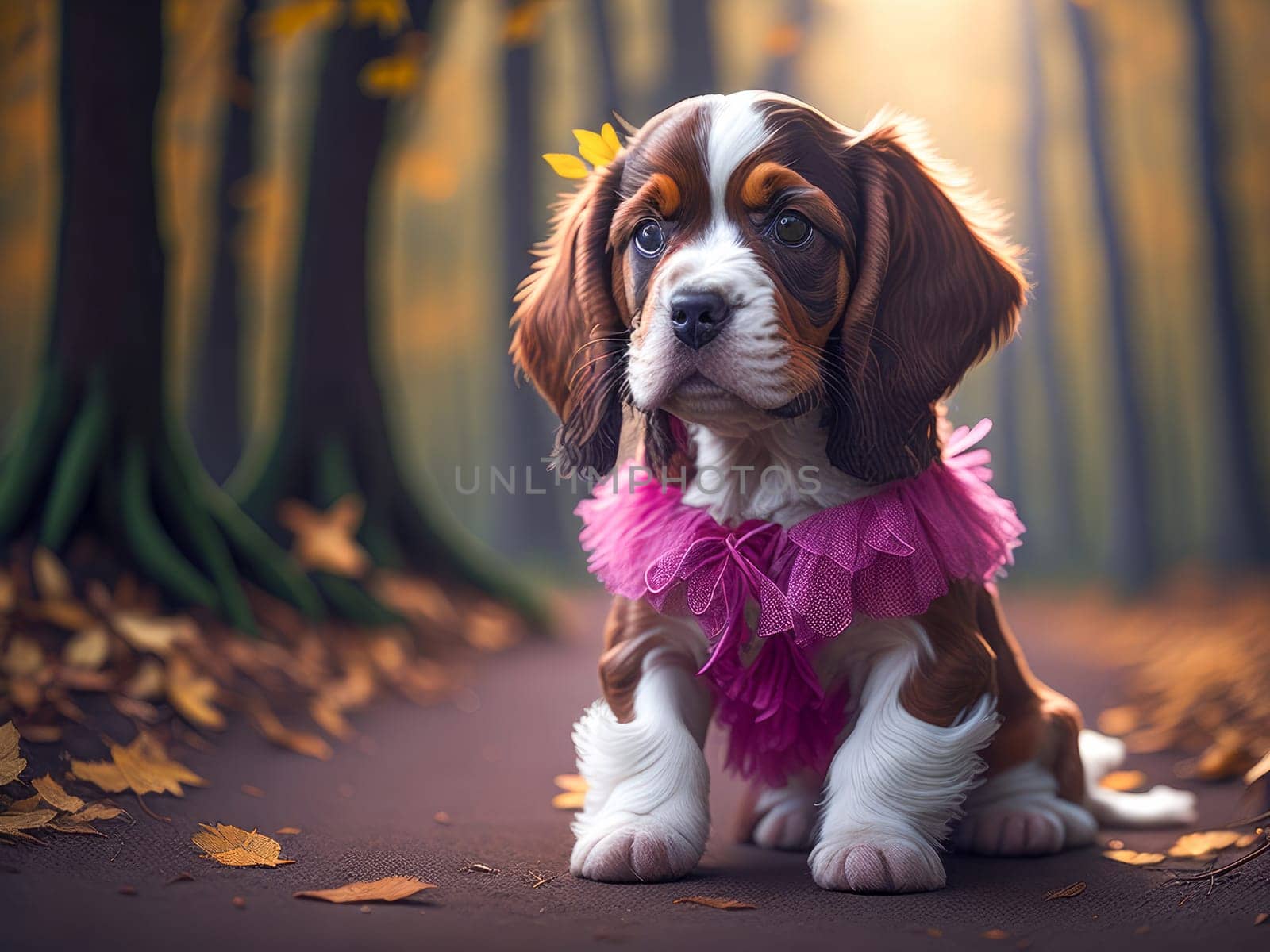Cute cocker spaniel puppy in the forest. Dog vacation relax concept. Hiking. Generative Ai