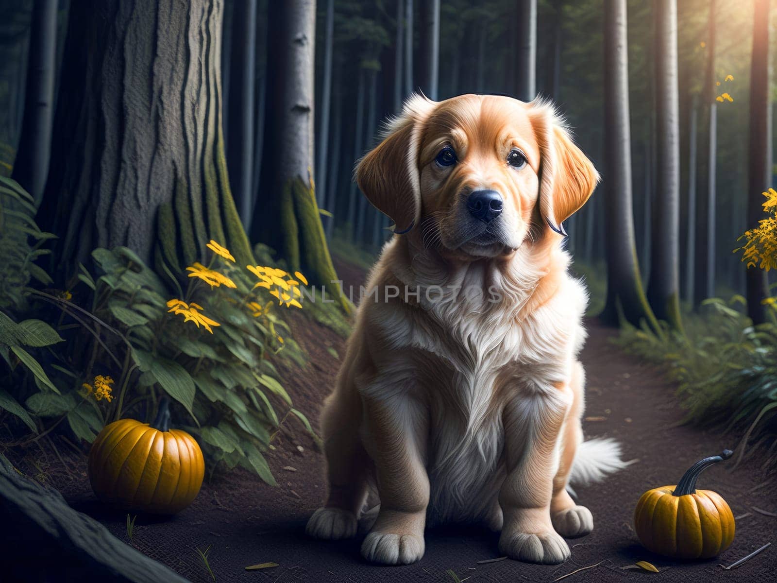 Cute golden retriever dog with pumpkin with autumn forest. Halloween costume. Dog vacation relax concept. Generative Ai. by JuliaDorian