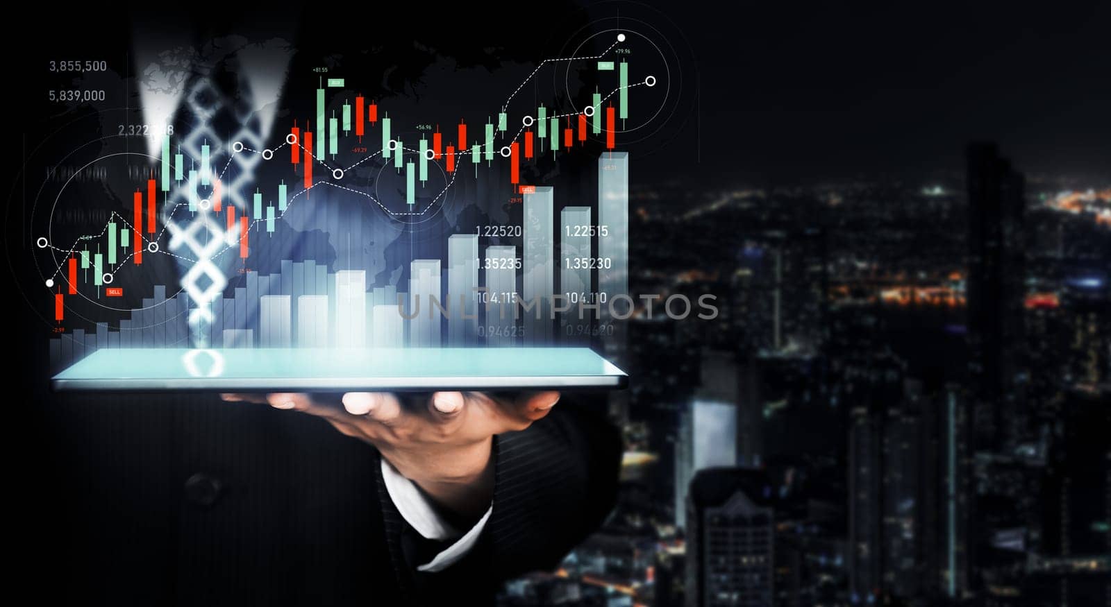 Businessman analyst working with digital finance business data graph showing technology of investment strategy for perceptive financial business decision. Digital economic analysis technology concept.