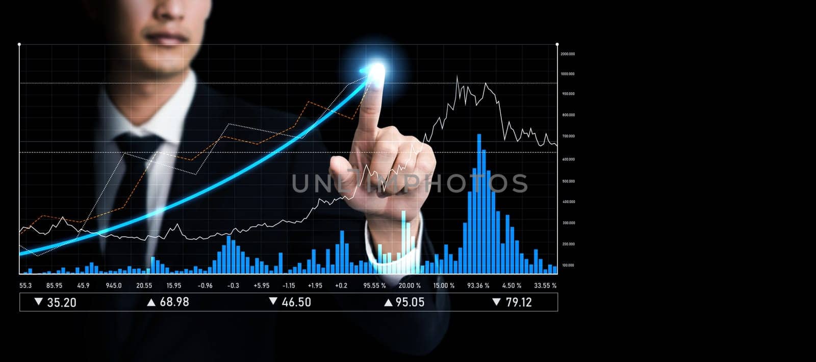 Businessman analyst working with digital finance business data graph showing technology of investment strategy for perceptive financial business decision. Digital economic analysis technology concept.