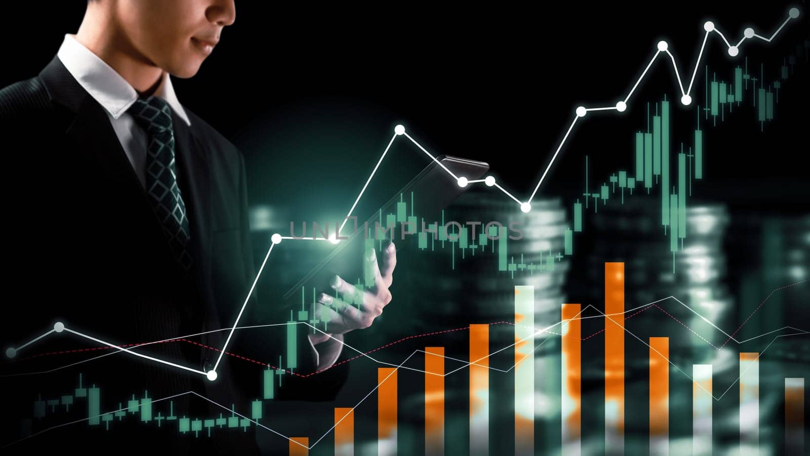 Businessman analyst working with digital finance business data graph showing technology of investment strategy for perceptive financial business decision. Digital economic analysis technology concept.